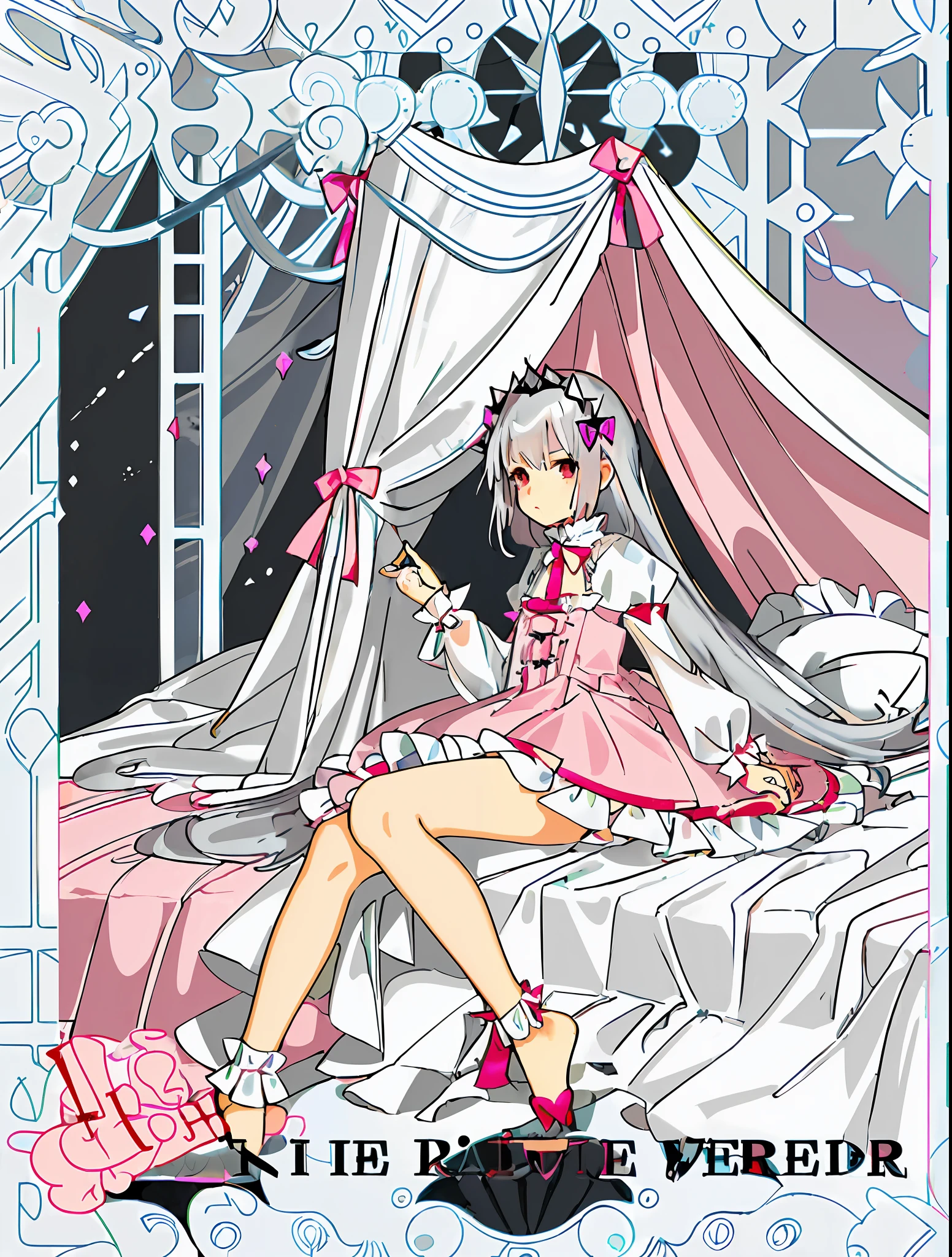 loli+silver hair+spread legs+frills+dress+pink+bed+canopy+