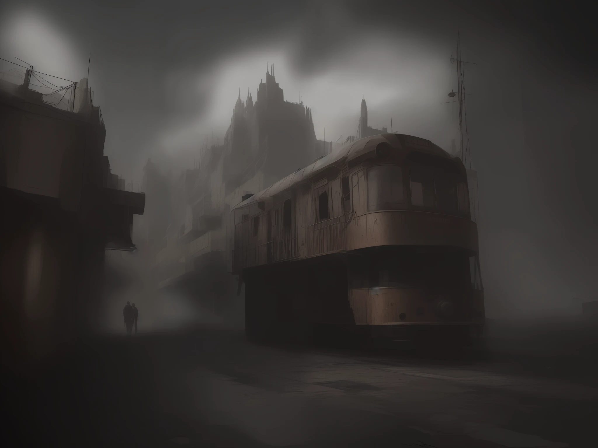 (masterpiece), (best quality:1.2), (realistic, photo-realistic:1.2), ultra-detailed, , steampunk, bloodborn, debris, drama,tram, dark, armor, microbus, shadow, soft shadows, soft lighting, particles, cinematic light,high quality, abondoned, Madrid, extreme angle, nuclear, fog, shattered glass, concept, film grain, professional lighting, best quality,(photorealistic:1.1), absurdres, depth of field, realism, rust, graffiti, moss, artstation, spikes