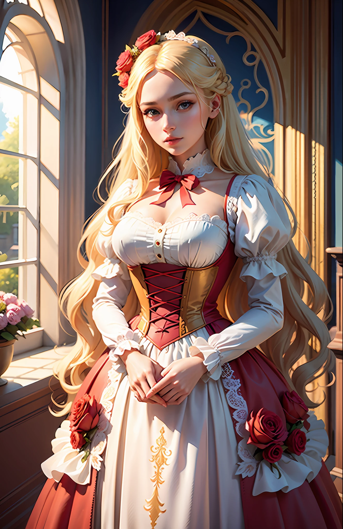 masterpiece, highest quality, solo focus, (perfect face:1.1) , (high detail:1.1), (romantic, 1.5), (long Blonde hair:1.3) novel cover, delicate, 1 delicate woman, Wearing a beautiful Pink with White details and red ribbons Victorian dress:1.3, hot pink corset, Details with red roses:1.3, long Blonde hair:1.3, Holding Bouquet of flowers 1.2), (In a beautiful palace, daytime, bright light:1.3), young Women, longing posture, hyper detailed, digital art, studio quality, smooth render, unreal engine 5 render, octane render, 8K, Girl with European and Korean features, 1800 dress,Classic Victorian dress, pompous dress, Window overlooking a beautiful garden and a blue sky,