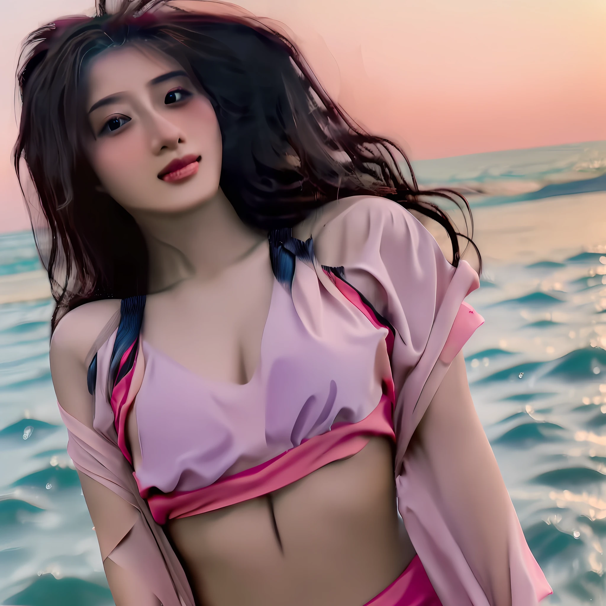 a very beautiful Pakistan lady, black long hair, dancing on a beach, pink color bikini, B size medium chest, beautiful wide open chest, sunset, round and very cute face, very attractive and seductive slim body, neutral, hyper realistic photograph, full body, super high resolution