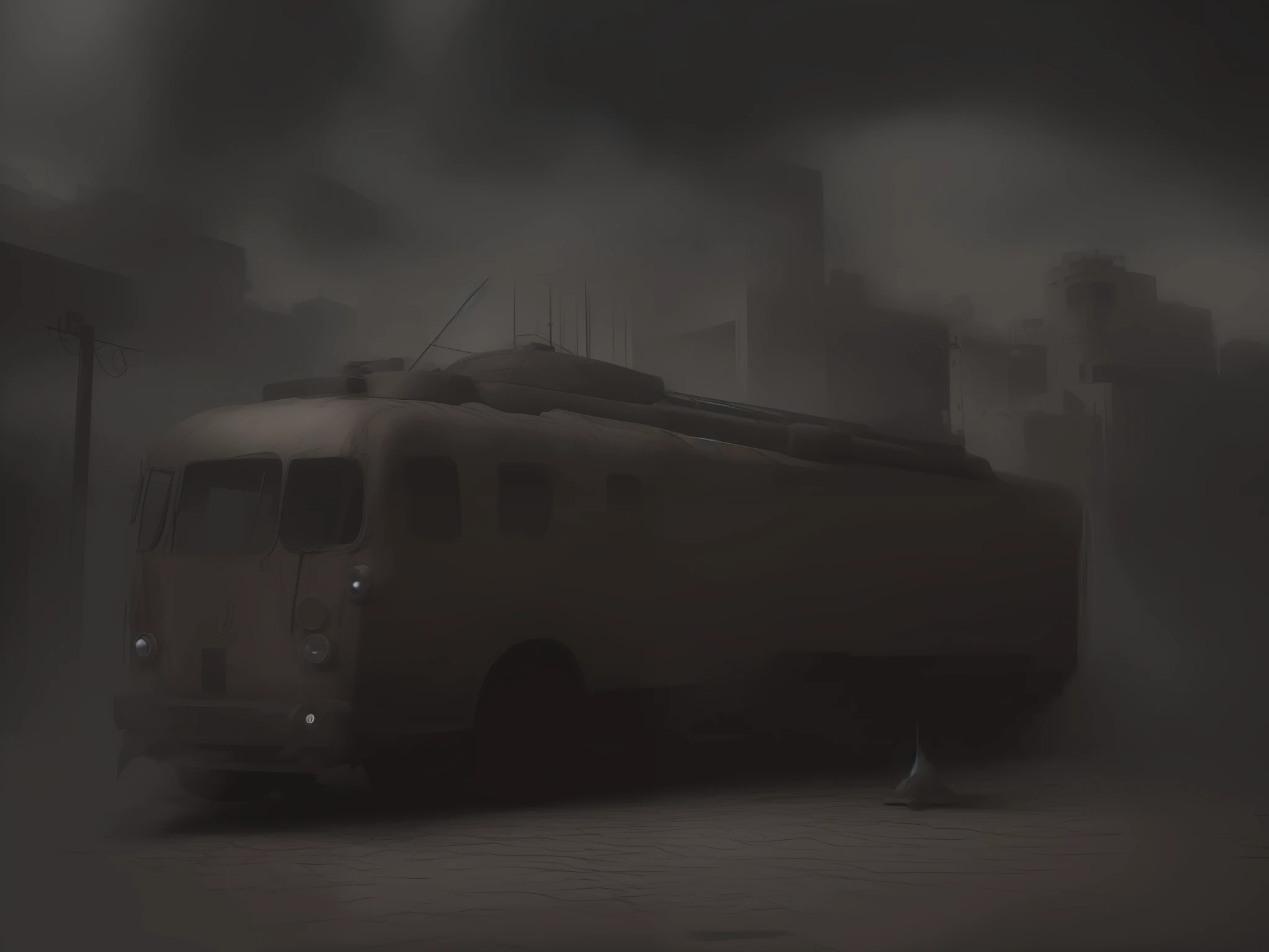 (masterpiece), (best quality:1.2), (realistic, photo-realistic:1.2), ultra-detailed, , steampunk, bloodborn, debris, drama,tram, dark, armor, microbus, shadow, soft shadows, soft lighting, particles, cinematic light,high quality, abondoned, Madrid, extreme angle, nuclear, fog, shattered glass, concept, film grain, professional lighting, best quality,(photorealistic:1.1), absurdres, depth of field, realism, rust, graffiti, moss, artstation, spikes