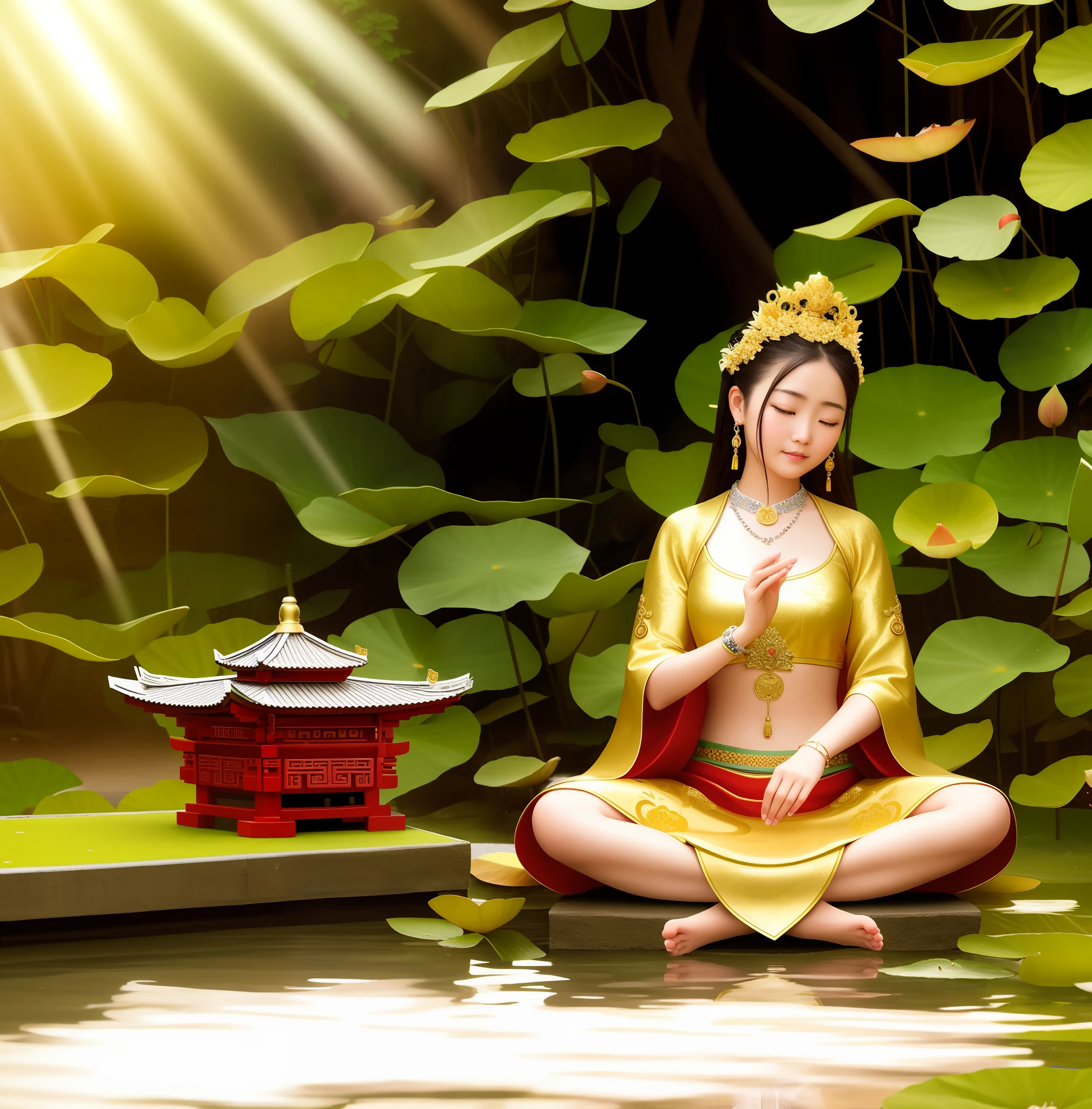 Avalokitesvara sits on a lotus pedestal, Avalokitesvara, Avalokitesvara, Chinese temples scattered in a forest not far away, with waterfalls pouring into lakes or streams in the background, mountains and a small splendid lake in the background, lotus flowers in the foreground, crystal clear Well-defined fingers, well-defined toes, well-defined features, jewelry, leaves, lilies, water lilies, necklaces, plants, solo, Chinese temples, paths, cherry blossoms, sharp focus, sun rays, sparkling ripples, wind ripples, super high detail, real photo, intricate detail, perfect composition, beautiful intricate detail, 8k photography, photorealism, masterpiece, real photo, image enhancement, image postprocessing, image retouching