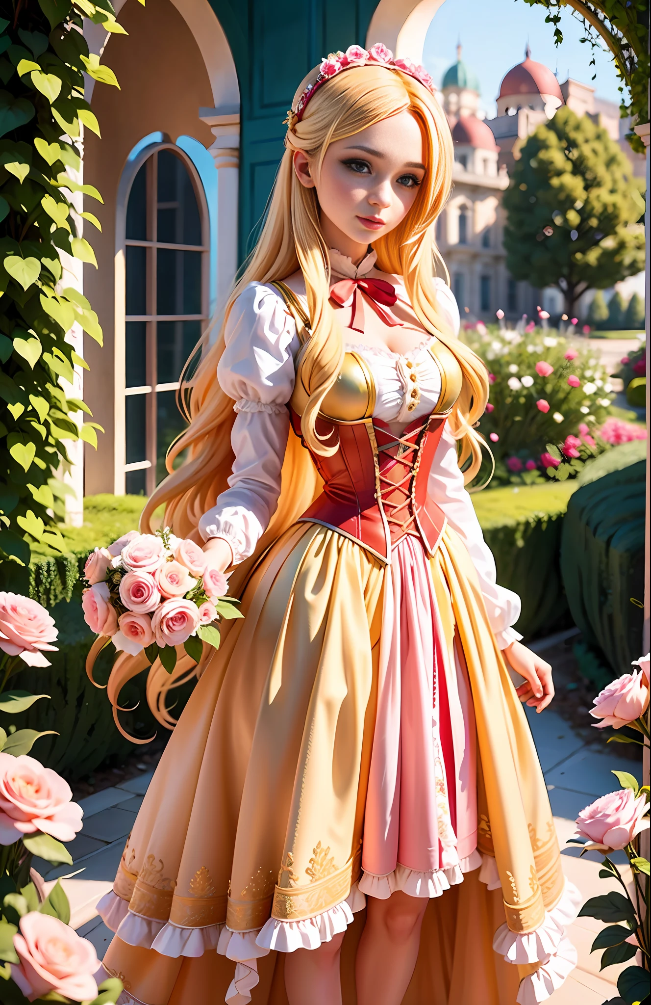 masterpiece, highest quality, solo focus, (perfect face:1.1) , (high detail:1.1), (romantic, 1.5), (long Blonde hair:1.3) novel cover, delicate, 1 delicate woman, Wearing a beautiful Pink with White details and red ribbons Victorian dress:1.3, hot pink corset, Details with red roses:1.3, long Blonde hair:1.3, Holding Bouquet of flowers 1.2), (In a beautiful palace, daytime, bright light:1.3), young Women, longing posture, hyper detailed, digital art, studio quality, smooth render, unreal engine 5 render, octane render, 8K, Girl with European and Korean features, 1800 dress,Classic Victorian dress, pompous dress, Window overlooking a beautiful garden and a blue sky,