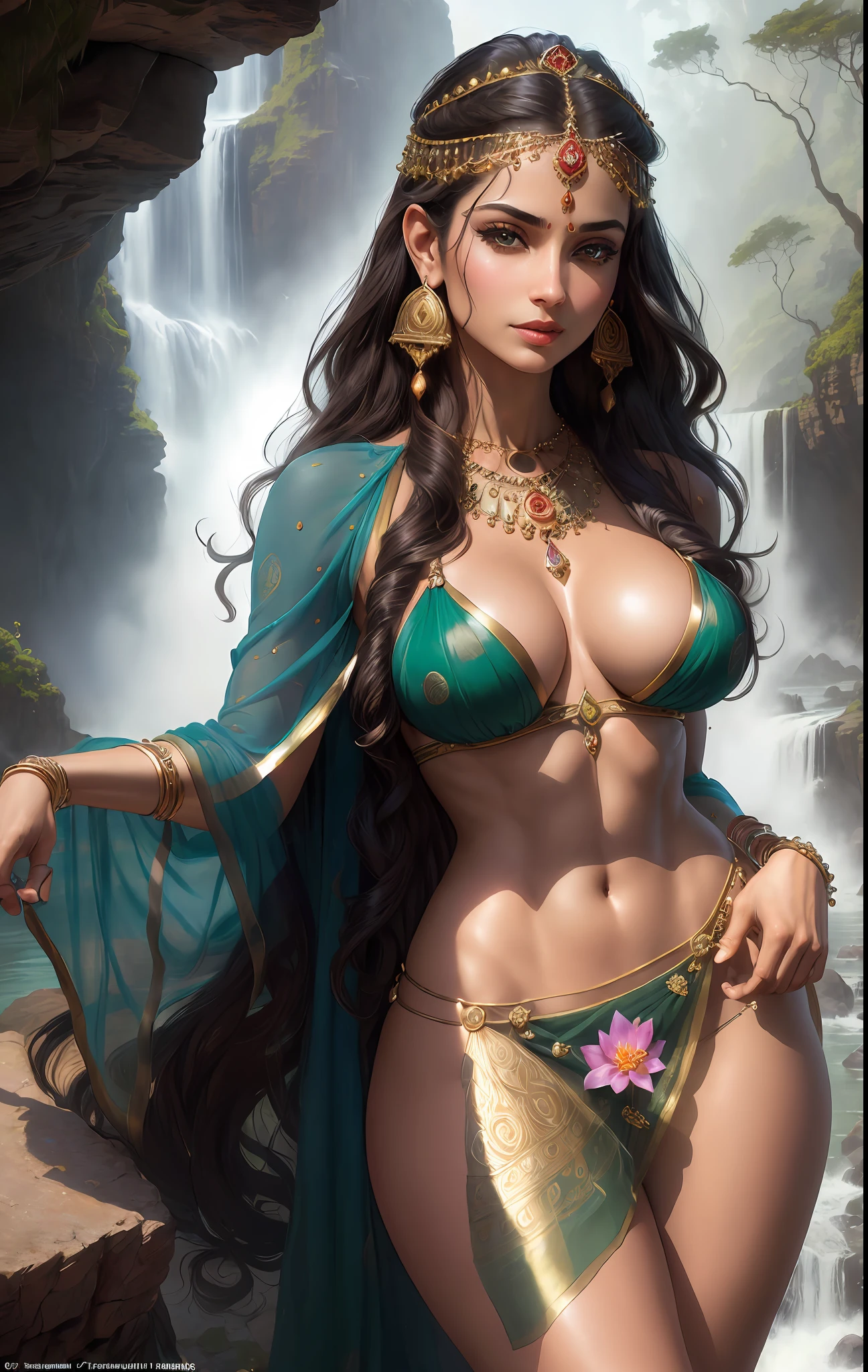 ((realistic:1.5)),((best quality)), ((masterpiece)),((detailed)), (1girl), {a beautiful female wearing a Sari}, (upper body:1.3),super-wide-angle lens,face focus, mature,sexy,toned muscles,long legs,curvy, barefoot, medium breasts, open cleavage, drooping breasts, thick thighs,wide hips, thin legs, green eyes,long black hair,floting hair,long eyelashes, (detailed face,beautiful eye, detailed pupilss,detailed clothes features, clear background:1.3), (Bindi,Jhumkas:1.3), (Armlet, Haar, Payal,Maang Tikka,Jhumkas,Kamarband,Bangles:1.3), mysterious ancient ruin, lush forests, deep canyons,bridge,river,cliff,cloud, lakes,rock,waterfalls, flowers, grass, fog,vine,tree, smoke, best shadow,bright details,sharp,perfect composistion, Intricate, Sharp focus, dramatic, by Frank Frazetta,by Julie Bell,by Olivia De Berardinis,by Luis Royo,by boris vallejo, (specular lighting:1.3),rim light, princesses, royal skimpy underwear, hugging and touching each other, teasing her friend's waist, gasping friend, biting her friend's ear lobe