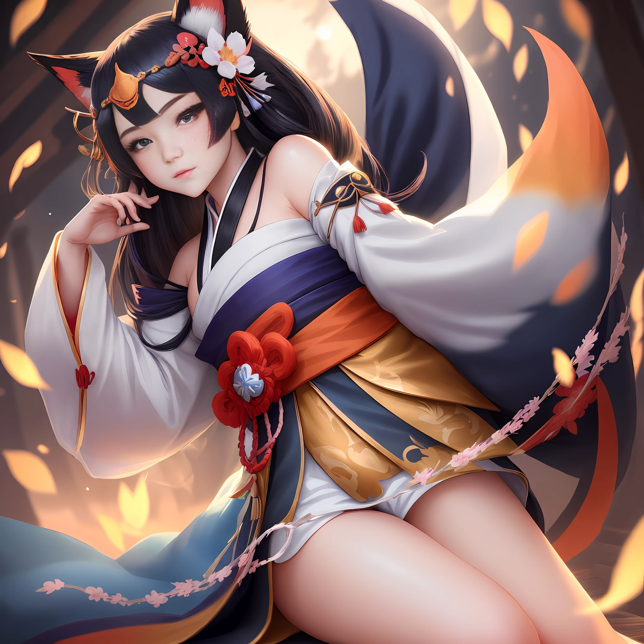 (photorealistic:1.4), (masterpiece, horizontal light, beautiful eyes: 1.2), masterpiece*portrait, 1girl,realistic, 3D face, shiny eyes, big beautiful eyes, shiny hair, shiny skin, alone , anime girl in white robe with cat ears and full moon in background, furry art, colorful, fox, amaterasu, beautiful fox woman, anime style digital art, onmyoji, port of onmyoji Rate, detailed art of Onmyoji, Japanese art style, stunning digital illustration