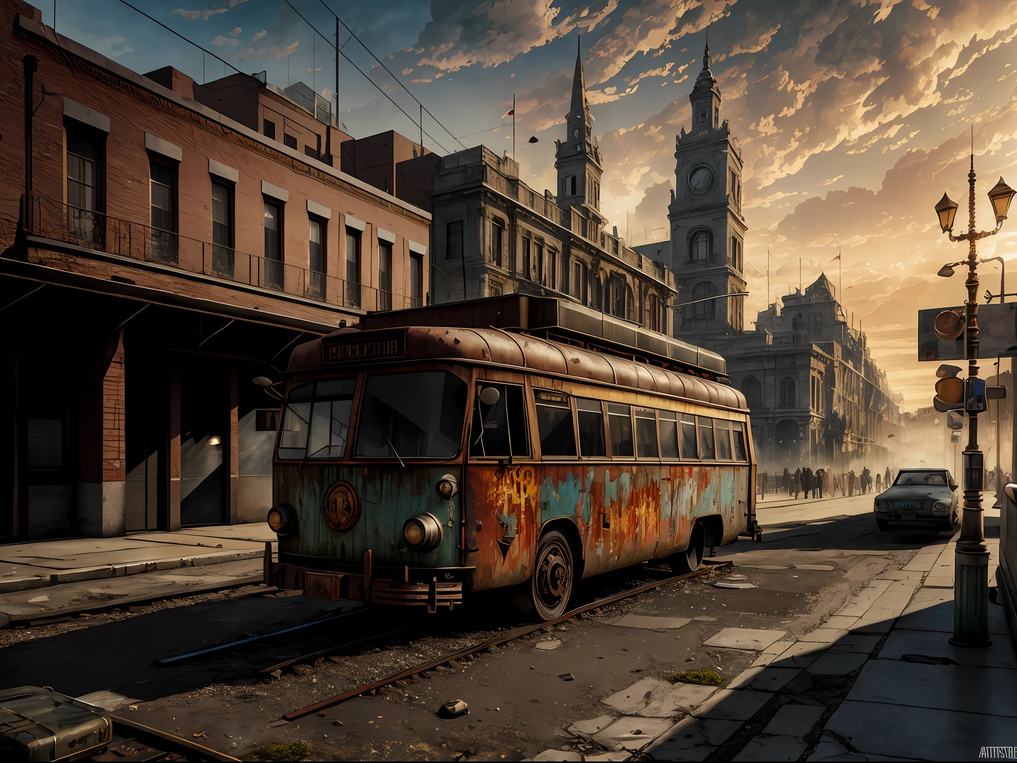 (masterpiece), (best quality:1.2), (realistic, photo-realistic:1.2), ultra-detailed, , steampunk, bloodborn, debris, drama,tram, dark, armor, microbus, shadow, soft shadows, soft lighting, particles, cinematic light,high quality, abondoned, Madrid, extreme angle, nuclear, fog, shattered glass, concept, film grain, professional lighting, best quality,(photorealistic:1.1), absurdres, depth of field, realism, rust, graffiti, moss, artstation, spikes