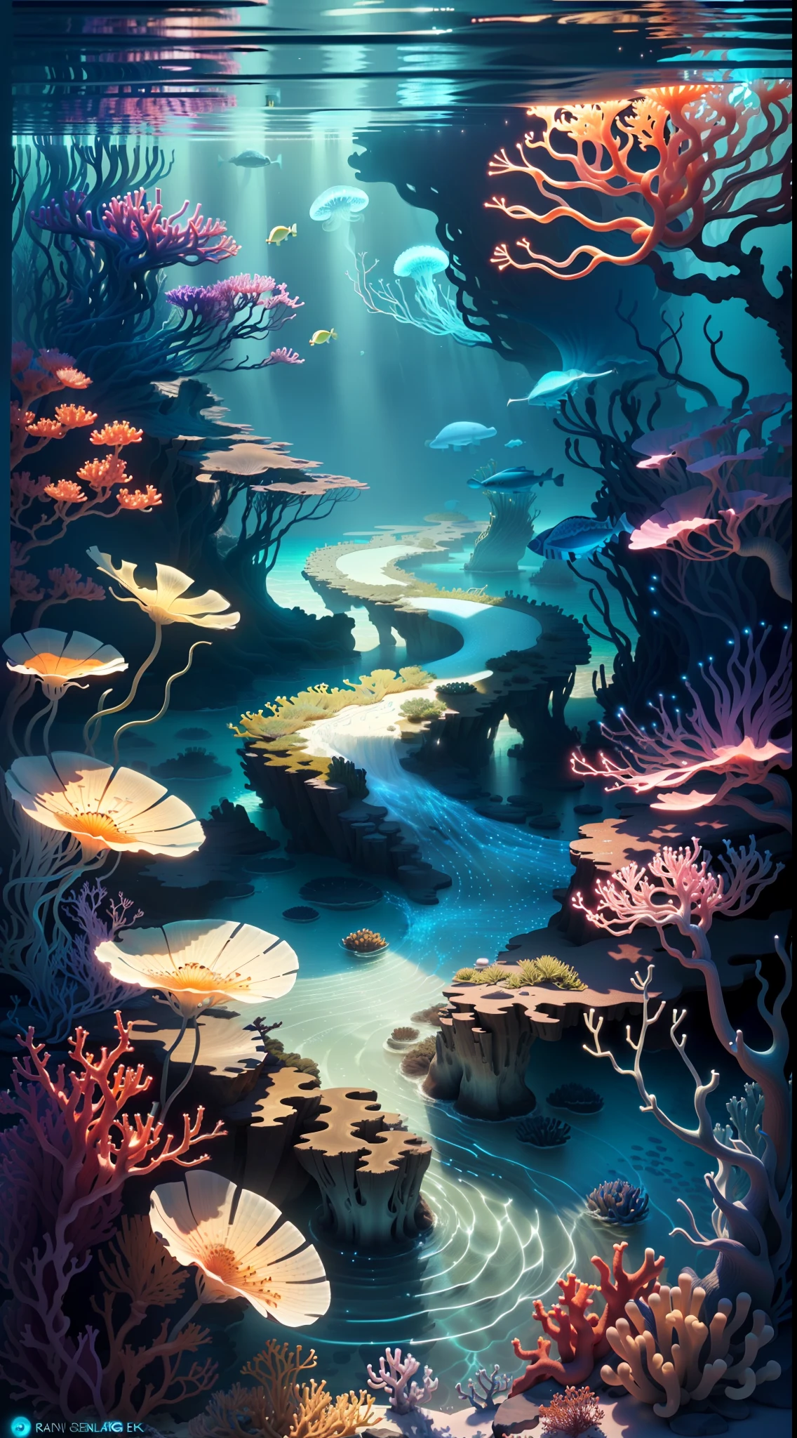 Masterpiece, best quality, (very detailed CG unity 8k wallpapers), (best quality), (best illustrations), (best shadows), marine theme with natural elements. Tall mangroves, rich marine plants, glowing jellyfish, surrounded by schools of fish, glowing particle effects,, (sea plants), (ocean theme), (seaweed), (coral), (jellyfish), fish, ((Glow)), ((Particle Effect)). , Isometric 3D, Octane Rendering, Ray Tracing, Super Detailed