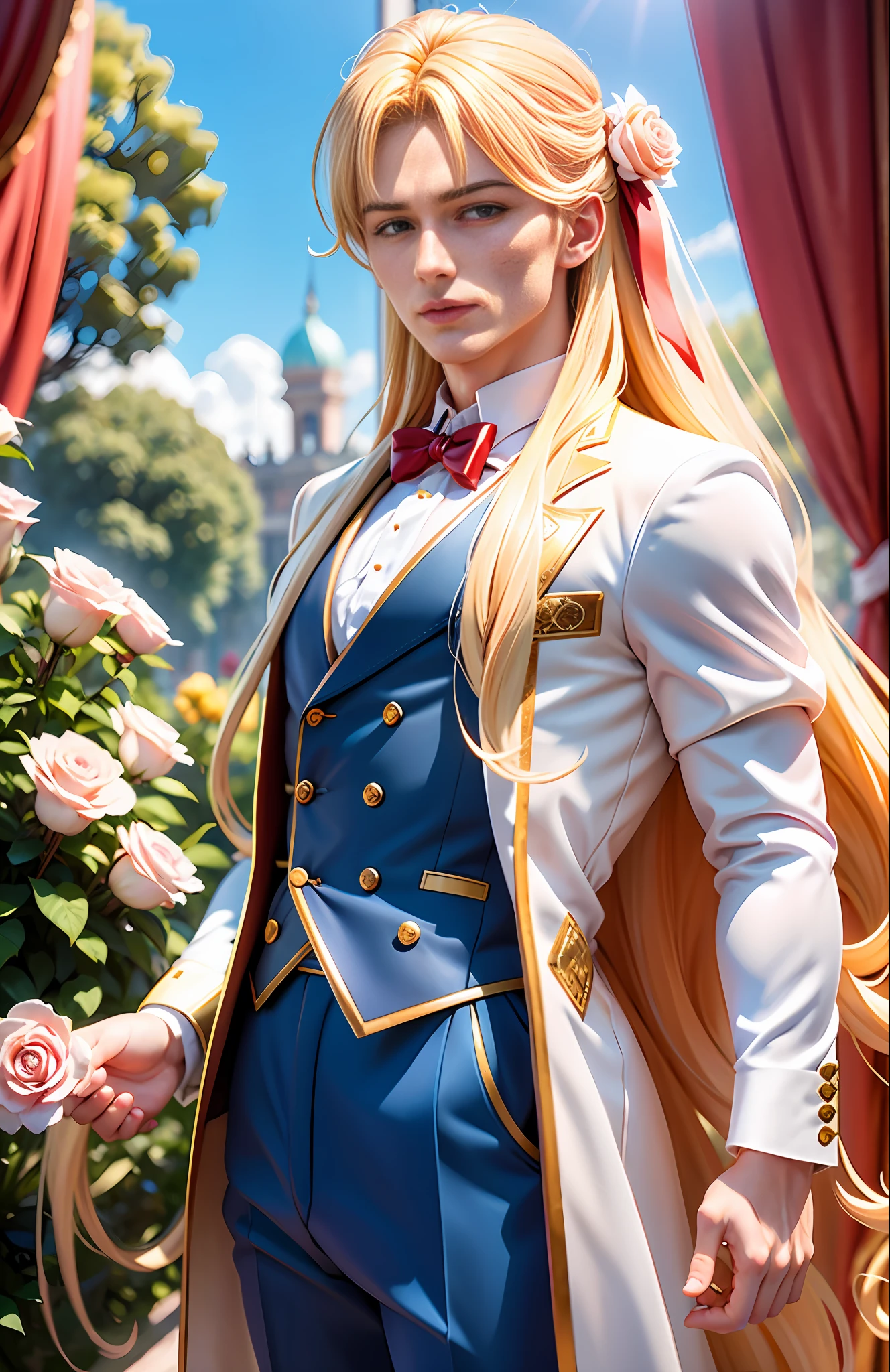 masterpiece, highest quality, individual focus, (perfect face: 1.1), (high detail: 1.1), (romantic, 1.5), (long blonde hair: 1.3) novel cover, delicate, 1 delicate man, wearing a beautiful white details and red ribbons prince suit: 1.3, hot pink vest, Details with red roses: 1.3, Long blonde hair: 1.3, Holding a rose 1.2), (In a beautiful palace, during the day, bright light: 1.3), young man, wistful pose, hyper detailed, digital art, studio quality, smooth render, unreal engine 5 render, octane render, 8K, Boy with European and Korean features, 1800s dress, classic victorian costume, pompous suit, Window with view of a beautiful garden and a blue sky, muscular man, manly