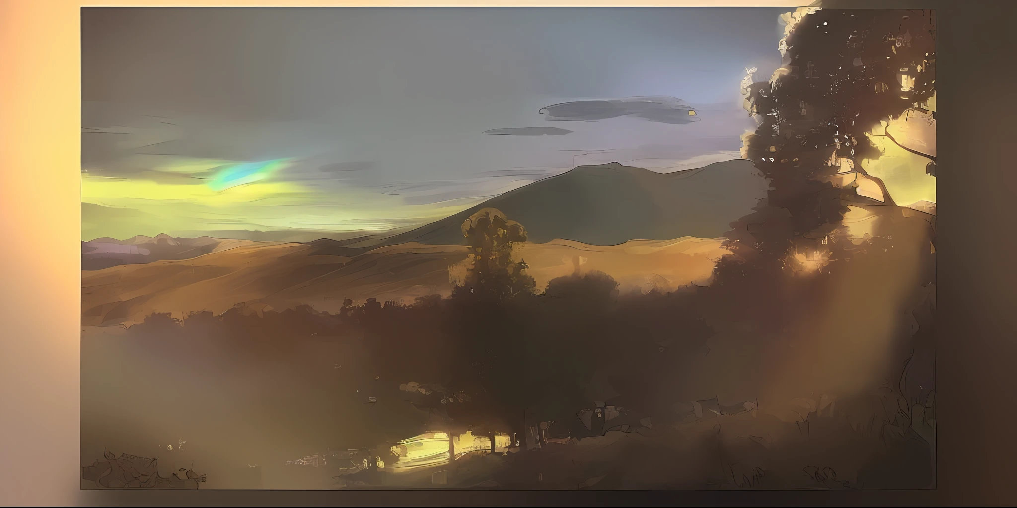 1((masterpiece,best quality,highest quality,illustration,intricate details)), there is a clear rainbow over the mountains, the mountains and forests are green