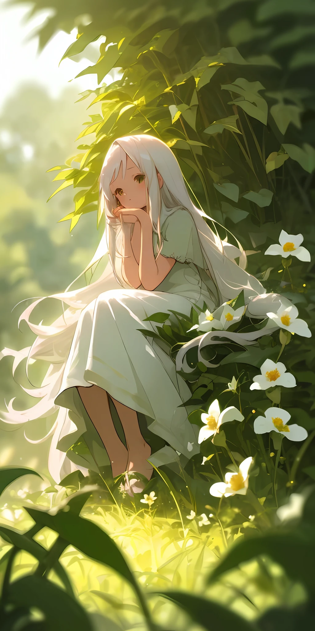 (masterpiece, top quality), one girl with long white hair sitting in a field of green plants and flowers, hand under chin, warm lighting, white dress, blurry foreground, li, lightly dressed