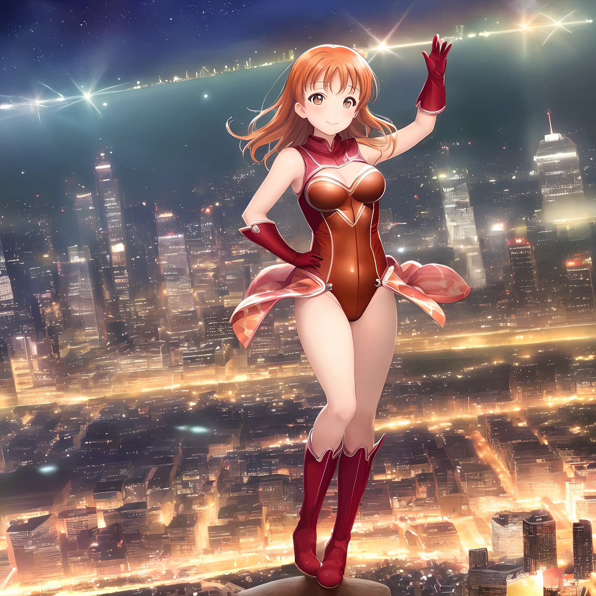 masterpiece, best quality, 1girl, takami chika, love live, superhero, leotard, bare legs, boots, matching boots, medium , light particles, aura, stand, standing, highleg, city backdrop, solo, hand on hip, smile,