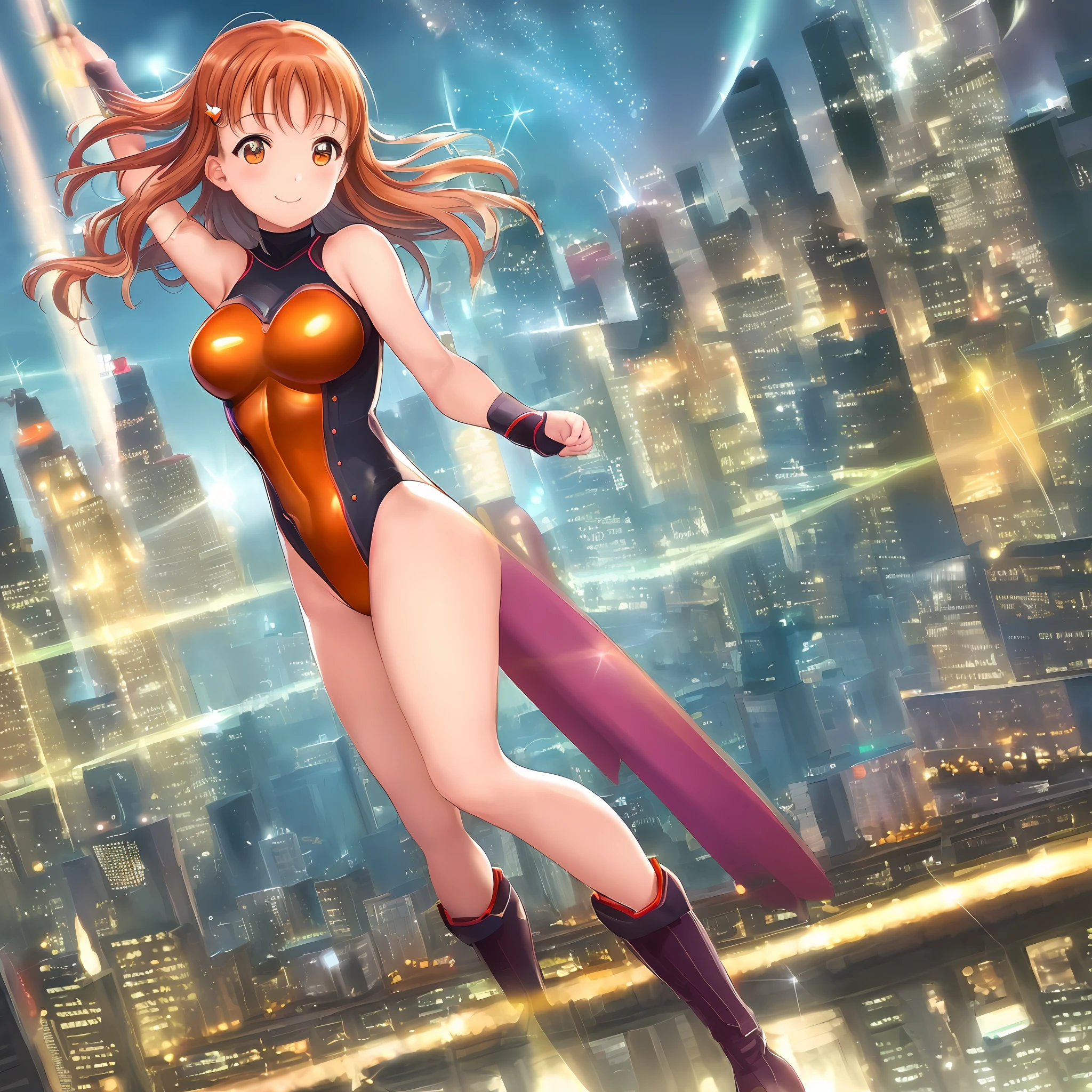 masterpiece, best quality, 1girl, takami chika, love live, superhero, leotard, bare legs, boots, matching boots, medium breasts, light particles, aura, stand, standing, highleg, city backdrop, solo, hand on hip, smile,