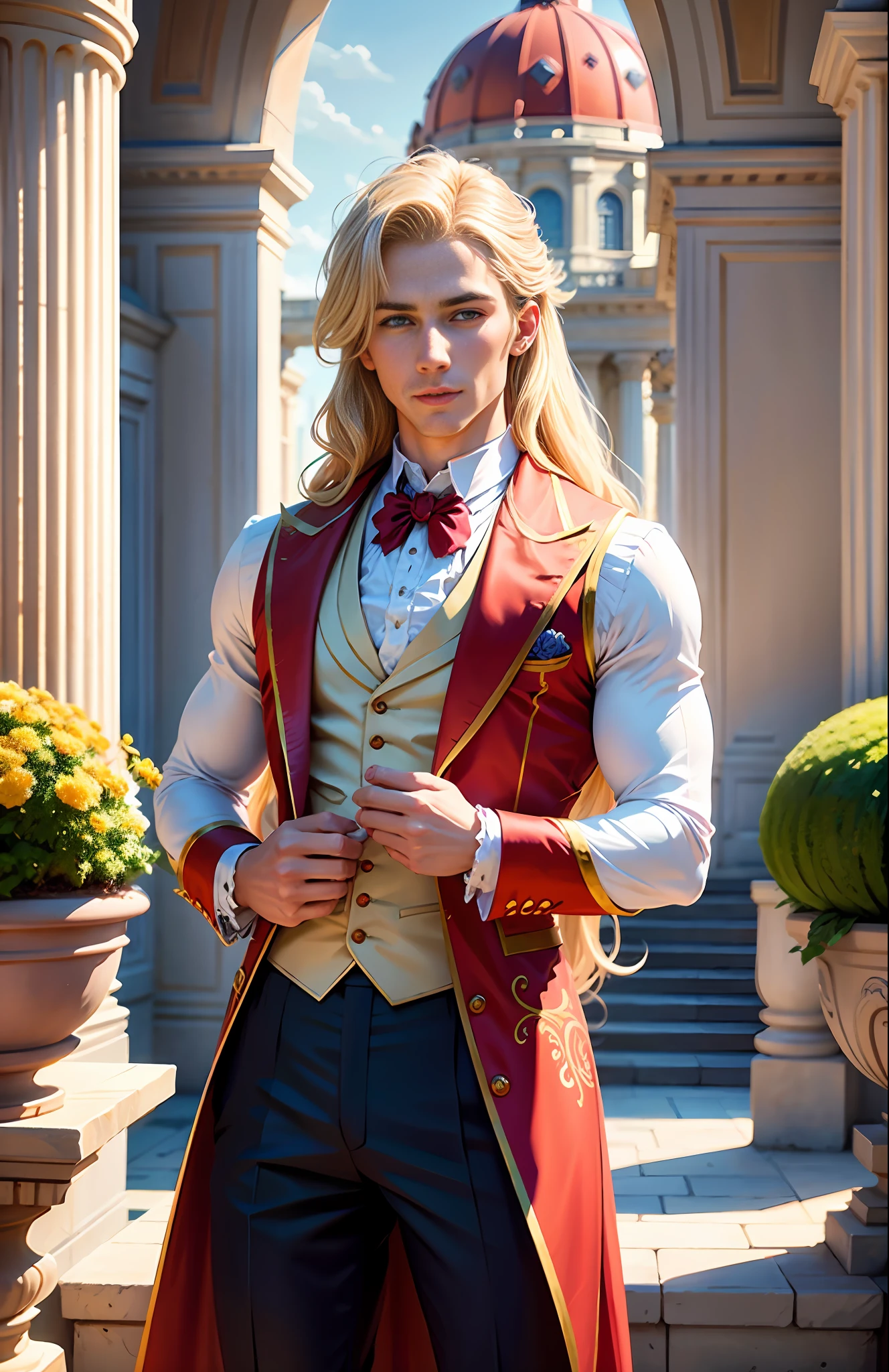 masterpiece, highest quality, individual focus, (perfect face: 1.1), (high detail: 1.1), (romantic, 1.5), (long blonde hair: 1.3) novel cover, delicate, 1 delicate man, wearing a beautiful white details and red ribbons prince suit: 1.3, hot pink vest, Details with red roses: 1.3, Long blonde hair: 1.3, Holding a rose 1.2), (In a beautiful palace, during the day, bright light: 1.3), young man, wistful pose, hyper detailed, digital art, studio quality, smooth render, unreal engine 5 render, octane render, 8K, Boy with European and Korean features, 1800s dress, classic victorian costume, pompous suit, Window with view of a beautiful garden and a blue sky, muscular man, manly