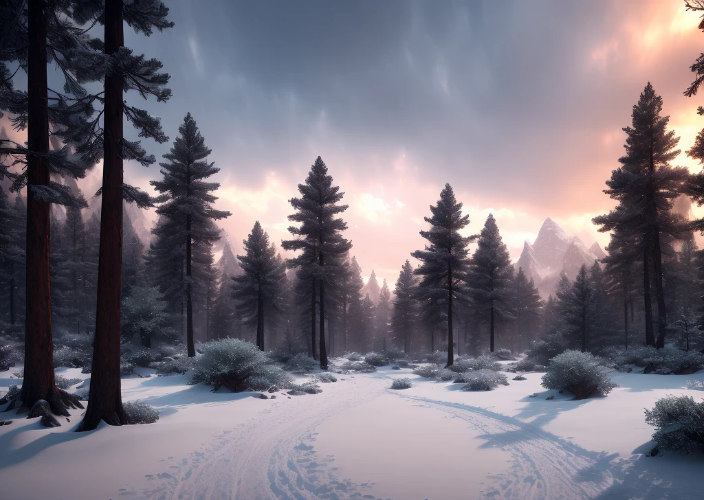 drawing of covered in snow Medivel large forest clouldy at sunset ,(((tk_env))) style, with people walking around, fine details, award winning image, highly detailed, 16k, cinematic perspective, ((video game environment concept art style)), pretty colors, asymmetrical camera composition, cinematic environment