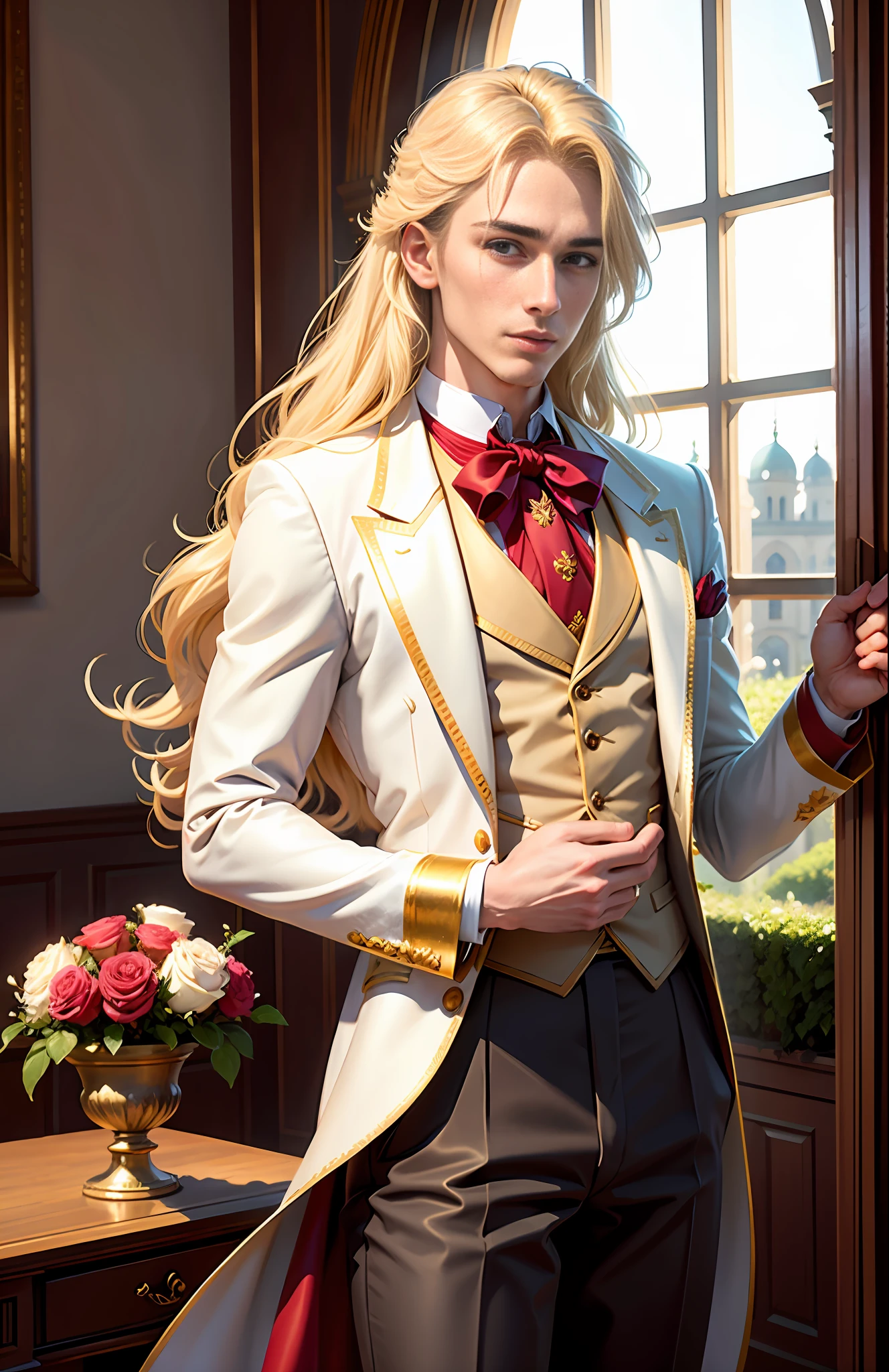 masterpiece, highest quality, individual focus, (perfect face: 1.1), (high detail: 1.1), (romantic, 1.5), (long blonde hair: 1.3) novel cover, delicate, 1 delicate man, wearing a beautiful white details and red ribbons prince suit: 1.3, hot pink vest, Details with red roses: 1.3, Long blonde hair: 1.3, Holding a rose 1.2), (In a beautiful palace, during the day, bright light: 1.3), young man, wistful pose, hyper detailed, digital art, studio quality, smooth render, unreal engine 5 render, octane render, 8K, Boy with European and Korean features, 1800s dress, classic victorian costume, pompous suit, Window with view of a beautiful garden and a blue sky, muscular man, manly