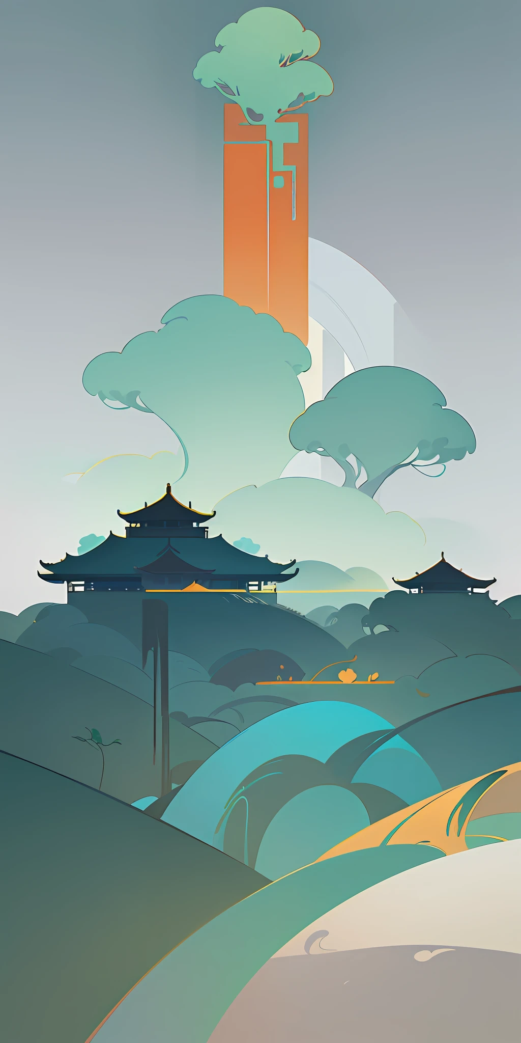 (Chinese landscape), abstract painting, (Zen, Amy Sol style), (Green trees, flowers, Chinese style architecture), cover art with light abstraction, simple vector art, contemporary Chinese art, color gradients, soft color palettes, layered forms, whimsical animation, style Ethereal abstract, 4K, --v6