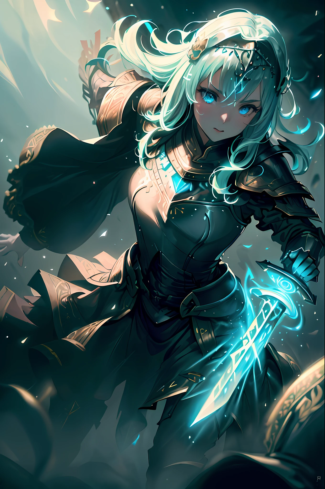 (Masterpiece:1.2), best quality, (illustration:1.2), determination, action scene,(Masterfully crafted Glow, lens flare), (ultra-detailed), hyper details, (delicate detailed), (intricate details), (cinematic light, best quality Backlights), clear line, solo female,(holding glowing Excalibur), solo female, perfect body, (1girl), bioluminescent hair, glowing eyes, (Sword maiden, medieval armour),(supermodel:1.1), slightly close eyes, battlefield, (Dynamic:1.2), ((makeup)), high contrast, (best illumination, an extremely delicate and beautiful), ((cinematic light)), colourful, powerful, (Cinematic masterpiece), photoshoot, battle scene, gallant, splashes of colour, absolutely eye-catching, ((colourful paint splashes on background, dulux,)), ((caustic)), dynamic angle, beautiful detailed glow, (Captivating),(Intricate Detailed Cinematic Arena:1.2), (in battle),ambient occlusion, ambient light, ray-traced reflections, intricately detailed Damascus armour, (glowing sword), special attack, (glowing wisps), battle ready, Iaijutsu, subsurface scattering, Post-processing, sword in hand, Excalibur, light blade, legend, powerful attack, noble phantasm, Damascus, handle grip, master swordsman