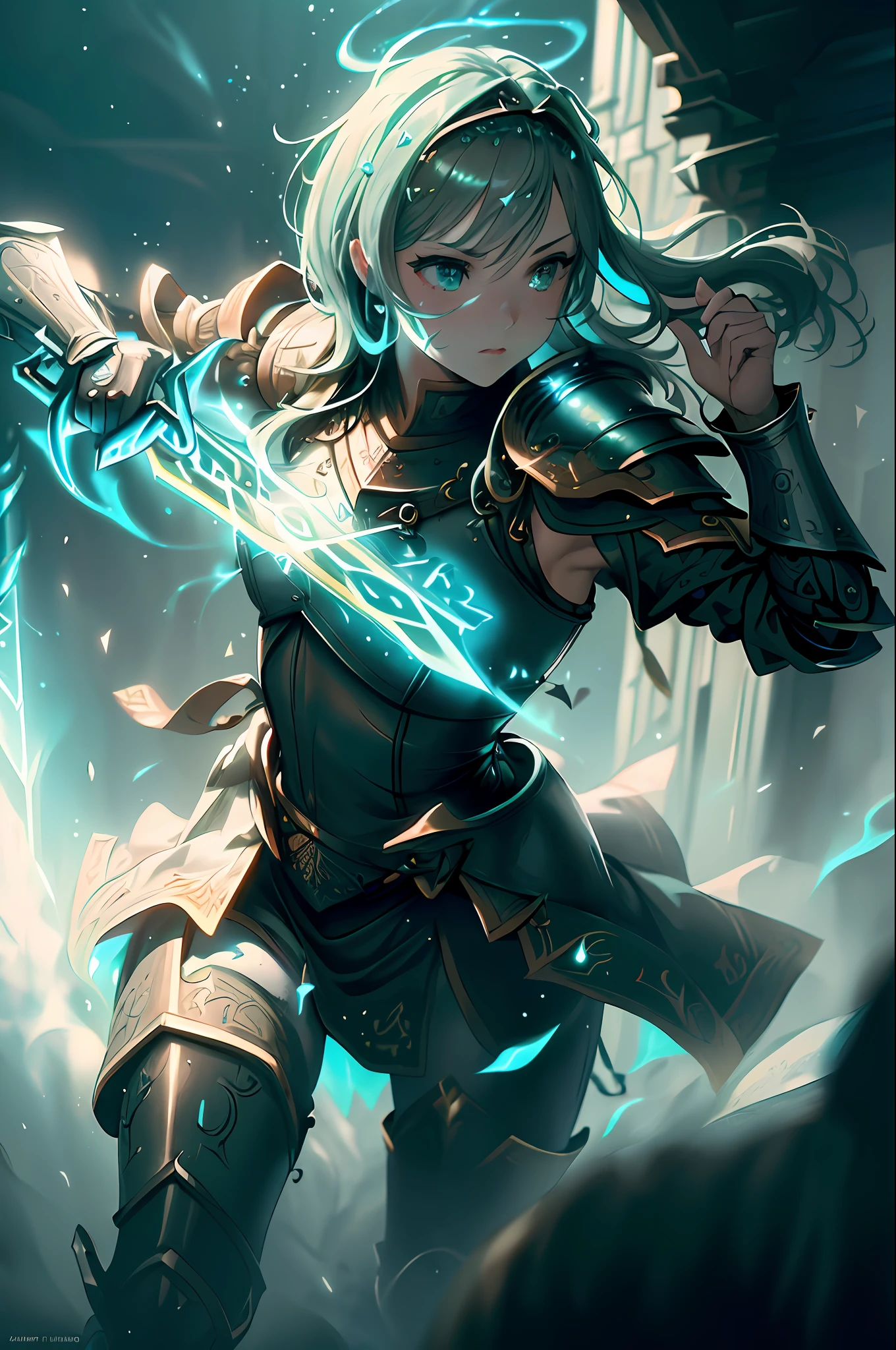(Masterpiece:1.2), best quality, (illustration:1.2), determination, action scene,(Masterfully crafted Glow, lens flare), (ultra-detailed), hyper details, (delicate detailed), (intricate details), (cinematic light, best quality Backlights), clear line, solo female,(holding glowing Excalibur), solo female, perfect body, (1girl), bioluminescent hair, glowing eyes, (Sword maiden, medieval armour),(supermodel:1.1), slightly close eyes, battlefield, (Dynamic:1.2), ((makeup)), high contrast, (best illumination, an extremely delicate and beautiful), ((cinematic light)), colourful, powerful, (Cinematic masterpiece), photoshoot, battle scene, gallant, splashes of colour, absolutely eye-catching, ((colourful paint splashes on background, dulux,)), ((caustic)), dynamic angle, beautiful detailed glow, (Captivating),(Intricate Detailed Cinematic Arena:1.2), (in battle),ambient occlusion, ambient light, ray-traced reflections, intricately detailed Damascus armour, (glowing sword), special attack, (glowing wisps), battle ready, Iaijutsu, subsurface scattering, Post-processing, sword in hand, Excalibur, light blade, legend, powerful attack, noble phantasm, Damascus, handle grip, master swordsman
