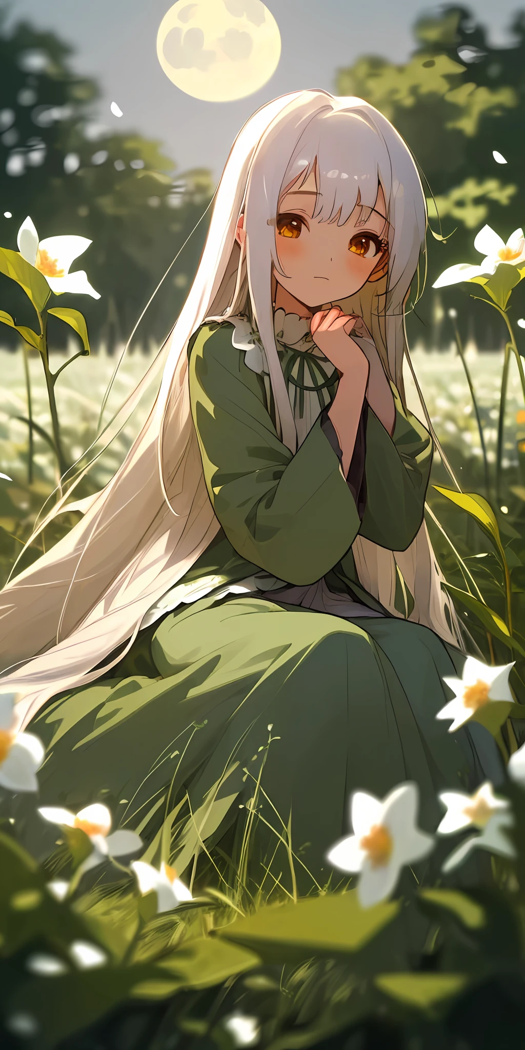 (masterpiece, top quality), one girl with long white hair sitting in a field of green plants and flowers, hand under chin, warm moonlight, white negligee, blurry foreground, loli, underwear