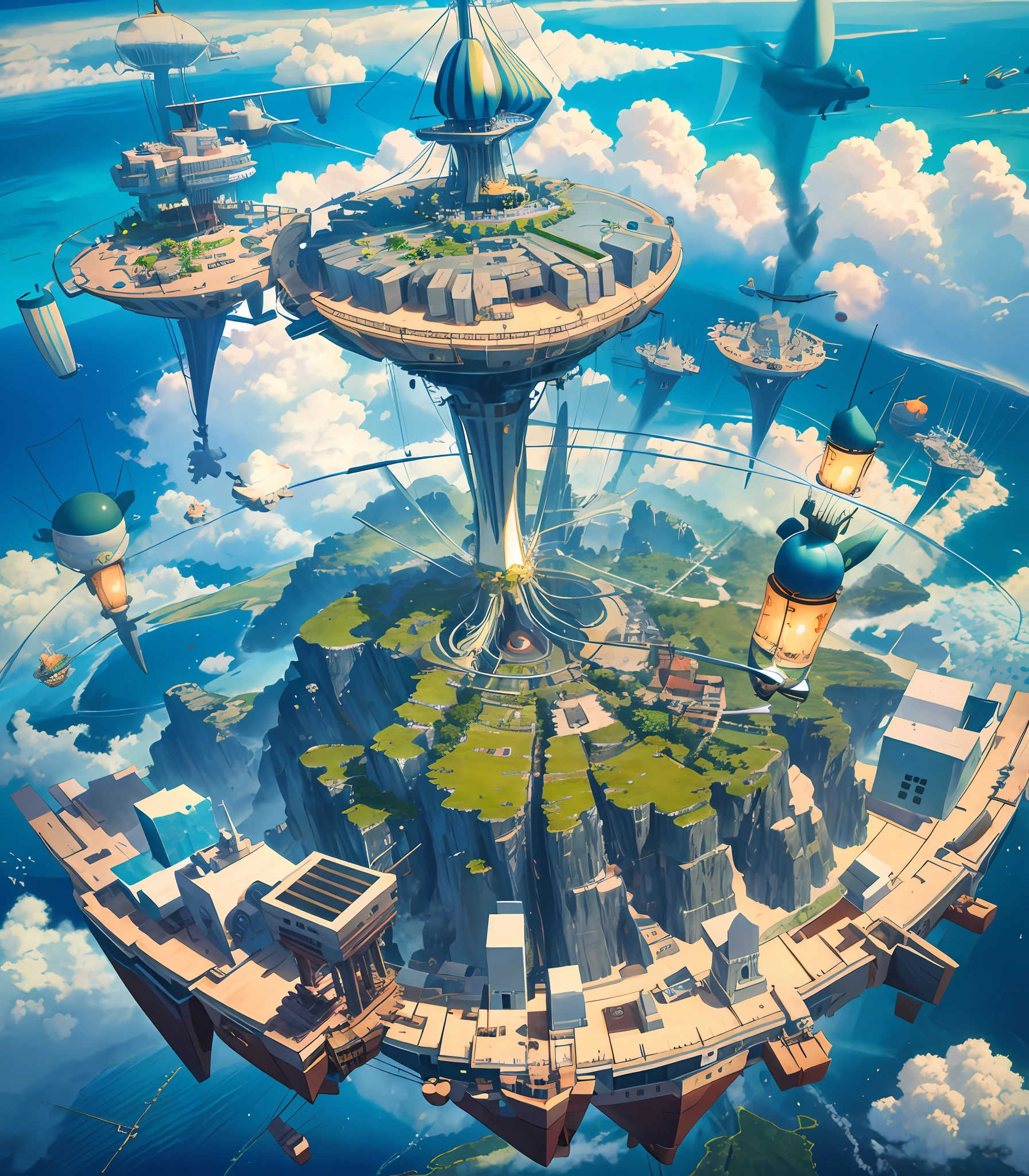 Many islands are suspended in the air with many small airships flying around, cities, fantasy, magical plants growing, extreme details, realistic light, epic composition, (complex details), (complex design, ultra-details :1.2), Art Station, (Masterpiece, Best Quality), Ultra HD, 32k --v 6