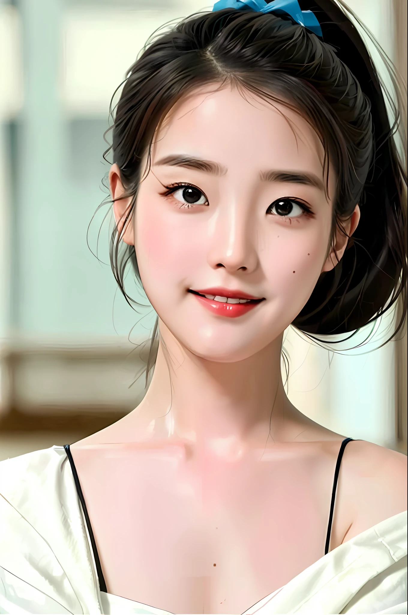 Masterpiece, top class, sunset light, handsome (1girl), ponytail, Korean woman, shoulder exposure, look at the viewer, court lady, wife&#39;s house, detailed photo, smiling expression, sexiness, festival, anniversary,