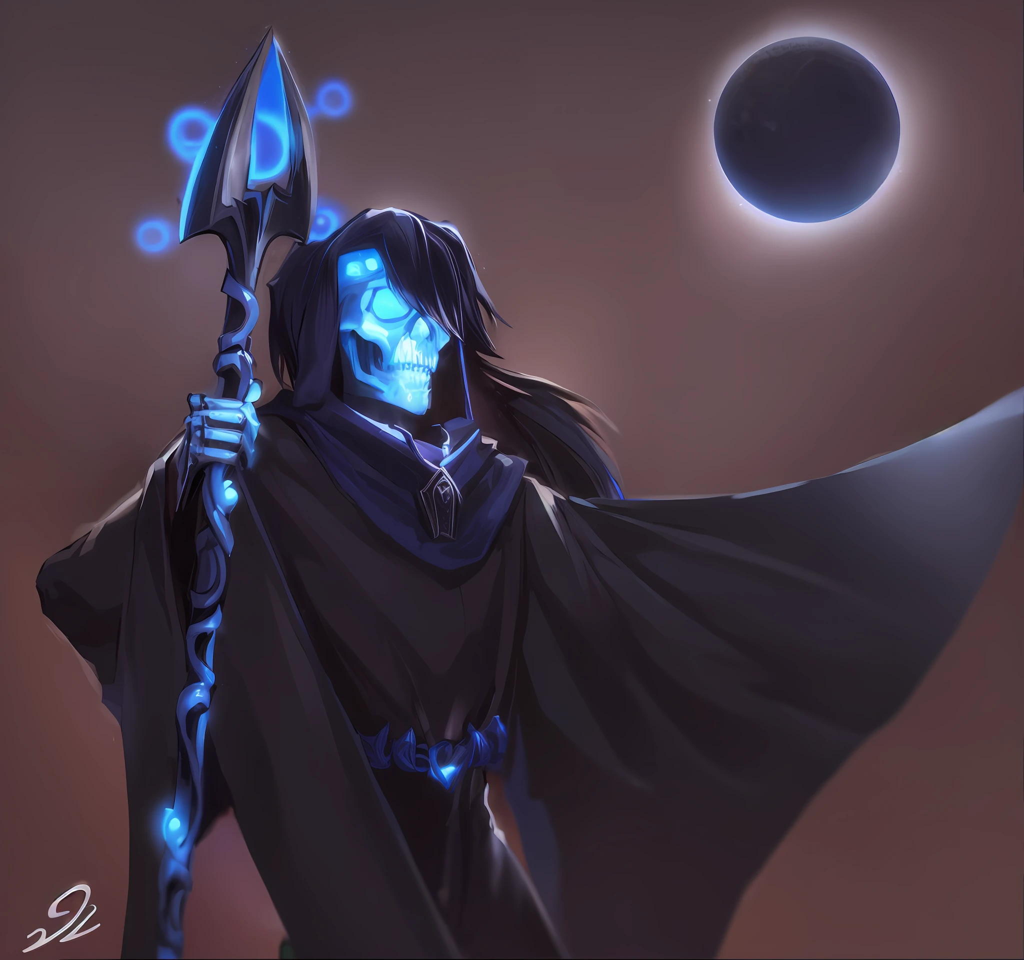 Skeleton drawing with scythe, blue robes, night background, reaper of night! Cloaked necromancer, d &amp; d lich