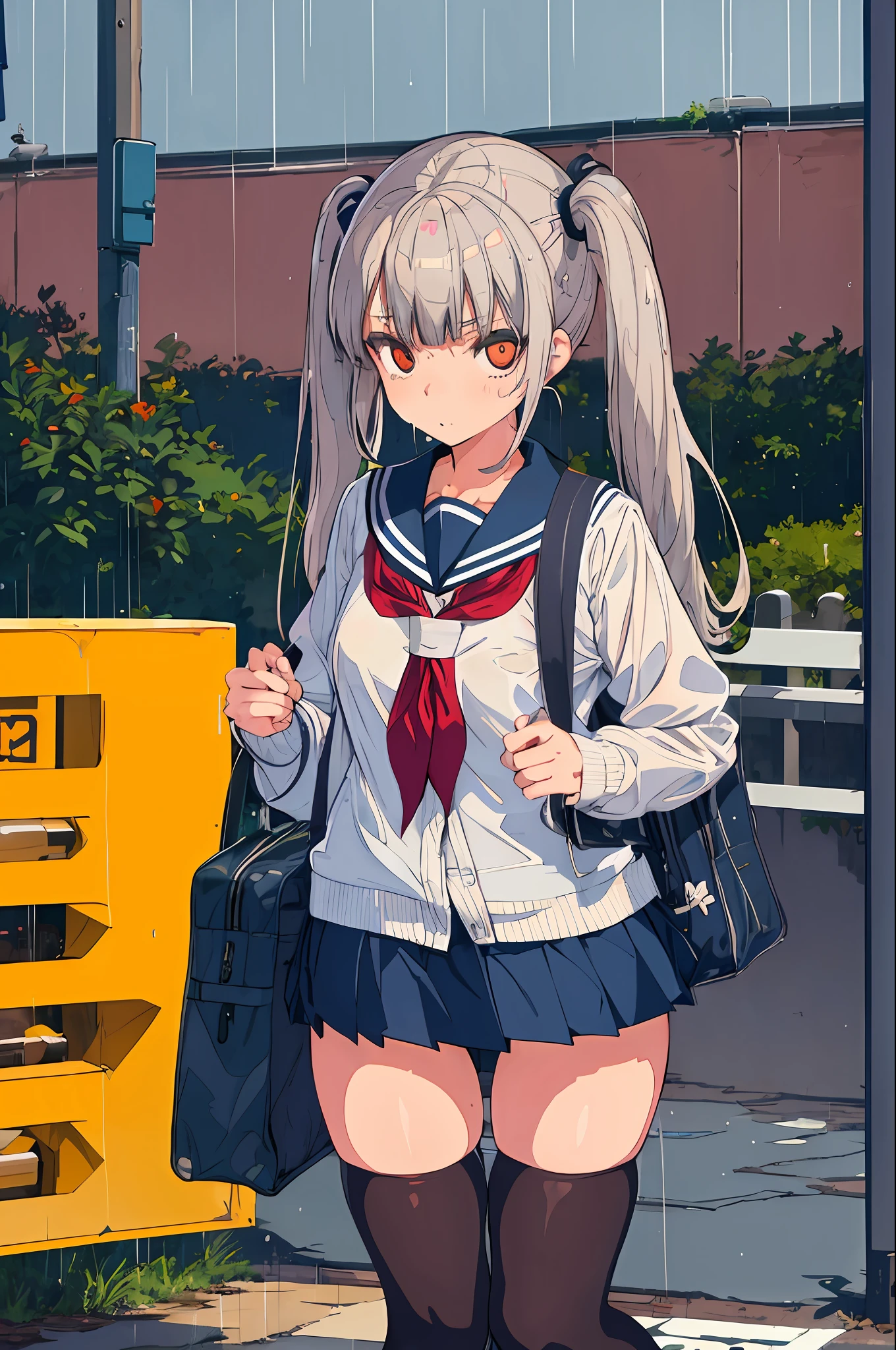 Wet in the rain, heavy rain, school uniform, twin tails, gray hair, troubled face, student bag, bus stop