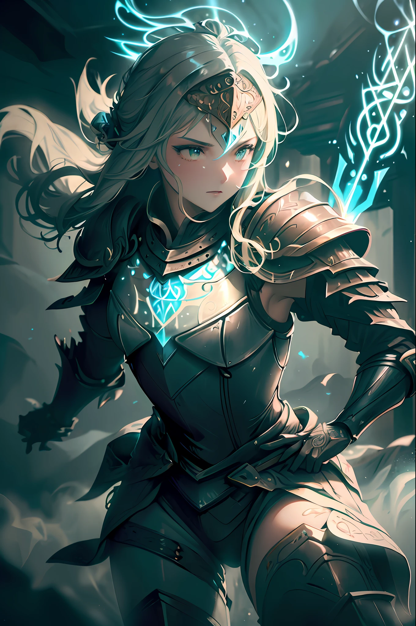 (Masterpiece:1.2), best quality, (illustration:1.2), determination, action scene,(Masterfully crafted Glow, lens flare), (ultra-detailed), hyper details, (delicate detailed), (intricate details), (cinematic light, best quality Backlights), clear line, solo female,(holding glowing Excalibur), solo female, perfect body, (1girl), bioluminescent hair, glowing eyes, (Sword maiden, medieval armour),(supermodel:1.1), slightly close eyes, battlefield, (Dynamic:1.2), ((makeup)), high contrast, (best illumination, an extremely delicate and beautiful), ((cinematic light)), colourful, powerful, (Cinematic masterpiece), photoshoot, battle scene, gallant, splashes of colour, absolutely eye-catching, ((colourful paint splashes on background, dulux,)), ((caustic)), dynamic angle, beautiful detailed glow, (Captivating),(Intricate Detailed Cinematic Arena:1.2), (in battle),ambient occlusion, ambient light, ray-traced reflections, intricately detailed Damascus armour, (glowing sword), special attack, (glowing wisps), battle ready, Iaijutsu, subsurface scattering, Post-processing, sword in hand, Excalibur, light blade, legend, powerful attack, noble phantasm, Damascus, handle grip, master swordsman