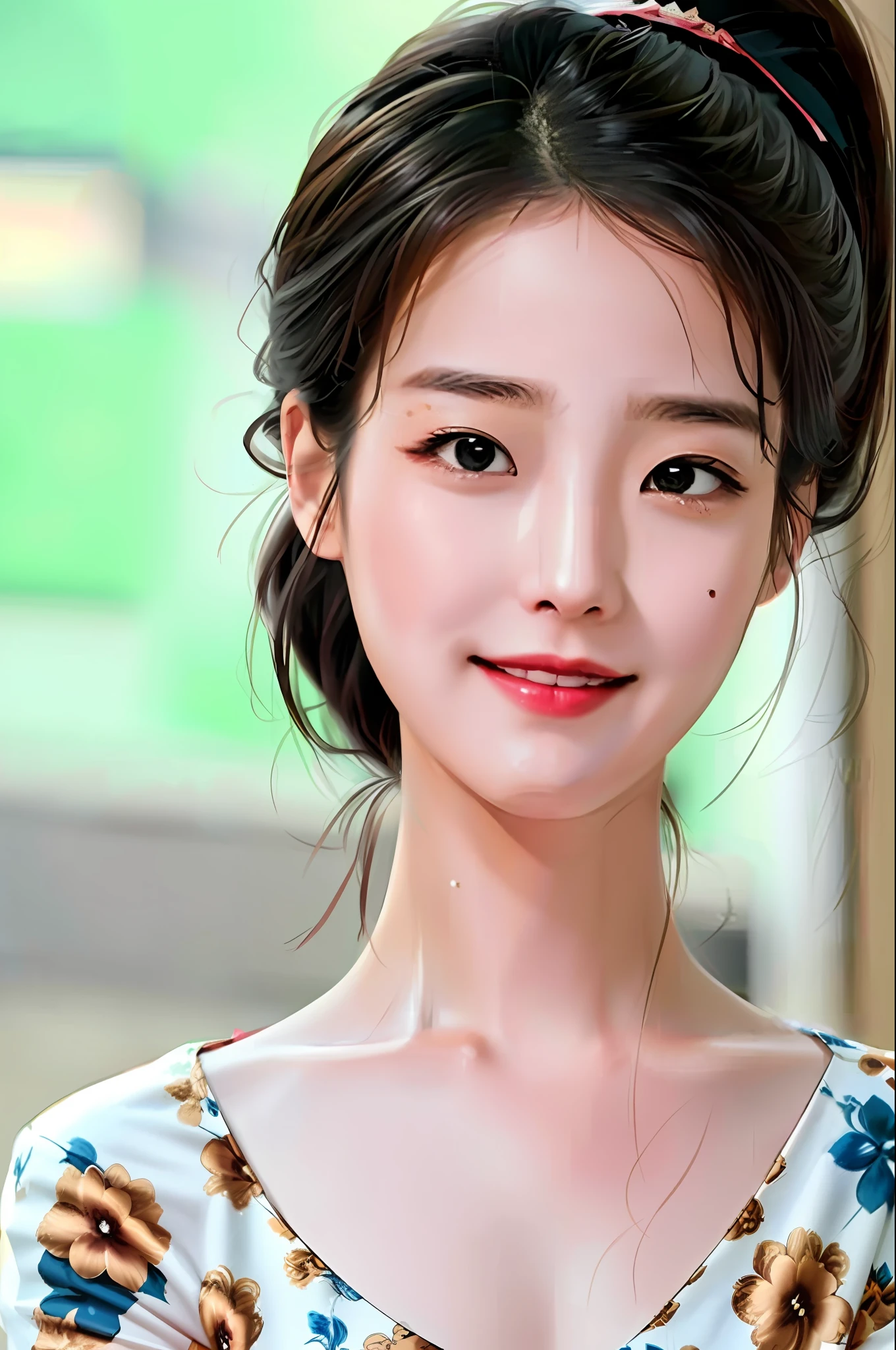 Masterpiece, top class, sunset light, handsome (1girl), ponytail, Korean woman, shoulder exposure, look at the viewer, court lady, wife&#39;s house, detailed photo, smiling expression, sexiness, festival, anniversary,