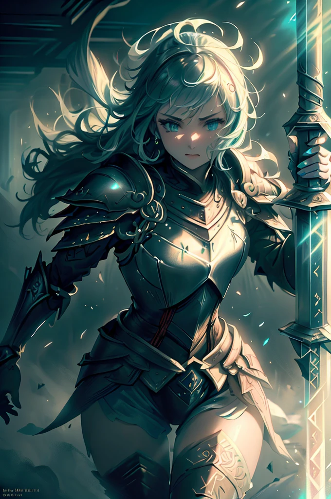 (Masterpiece:1.2), best quality, (illustration:1.2), determination, action scene,(Masterfully crafted Glow, lens flare), (ultra-detailed), hyper details, (delicate detailed), (intricate details), (cinematic light, best quality Backlights), clear line, solo female,(holding glowing Excalibur), solo female, perfect body, (1girl), bioluminescent hair, glowing eyes, (Sword maiden, medieval armour),(supermodel:1.1), slightly close eyes, battlefield, (Dynamic:1.2), ((makeup)), high contrast, (best illumination, an extremely delicate and beautiful), ((cinematic light)), colourful, powerful, (Cinematic masterpiece), photoshoot, battle scene, gallant, splashes of colour, absolutely eye-catching, ((colourful paint splashes on background, dulux,)), ((caustic)), dynamic angle, beautiful detailed glow, (Captivating),(Intricate Detailed Cinematic Arena:1.2), (in battle),ambient occlusion, ambient light, ray-traced reflections, intricately detailed Damascus armour, (glowing sword), special attack, (glowing wisps), battle ready, Iaijutsu, subsurface scattering, Post-processing, sword in hand, Excalibur, light blade, legend, powerful attack, noble phantasm, Damascus, handle grip, master swordsman