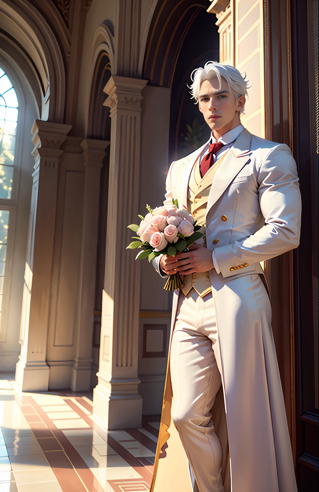 masterpiece, highest quality, individual focus, (perfect face: 1.1), (high detail: 1.1), (romantic, 1.5), (platinum white hair: 1.3) novel cover, delicate, 1 delicate man, wearing a beautiful white details and red ribbons prince suit: 1.3, hot pink vest, details with red roses: 1.3, platinum white hair: 1.3, holding a rose 1.2), (In a beautiful palace, during the day, bright light: 1.3), young man, wistful pose, hyper detailed, digital art, studio quality, smooth render, unreal engine 5 render, octane render, 8K, Boy with European and Korean features, 1800s dress, classic victorian costume, tight suit, Window with view of a beautiful garden and sky blue, muscular man, manly, very muscular prince
