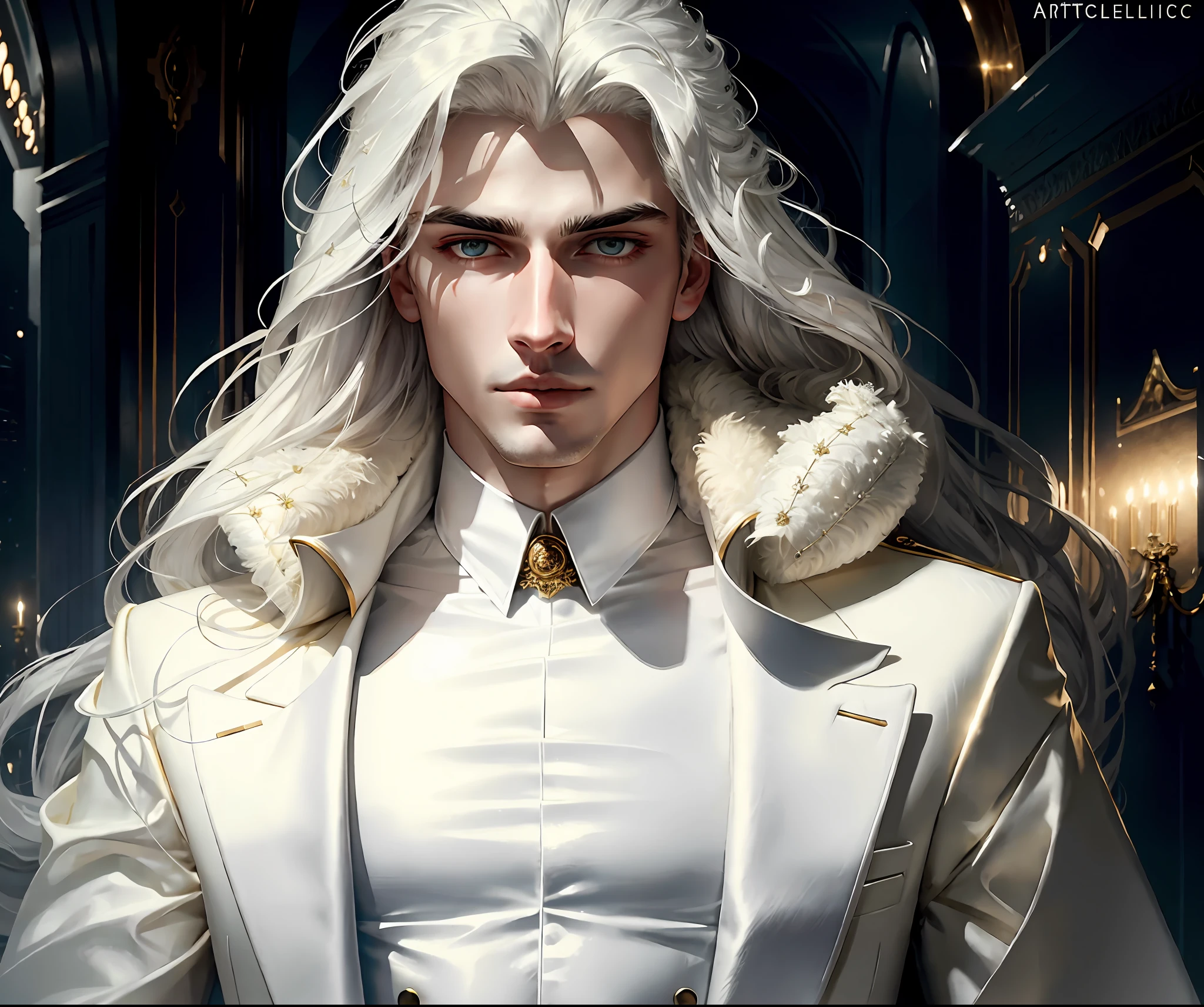 masterpiece, highest quality, (solo focus), (perfect face:1.1), (high detail:1.1), dramatic, 1guy, (pale skin), long white hair, white eyes, (light eyebrows), solo, long hair, Gerhard Freidl, moon, night, white luxury suit, covered navel, pouty lips, fur, arrogant expression, futuristic city, detailed background, art by artgerm, cinematic lighting, roses, fashion, BalenciagaStyle