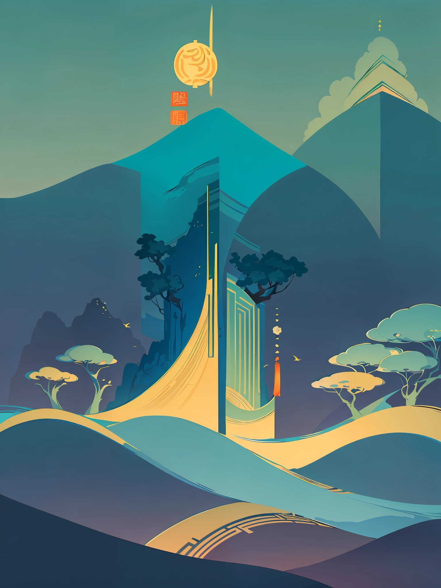 (Chinese landscape), abstract painting, (Zen, Amy Sol style), (Green trees, flowers, Chinese style architecture, mountains), cover art with light abstraction, simple vector art, contemporary Chinese art, color gradients, soft color palettes, layered forms, whimsical animation, style Ethereal abstract, 4K, --v6