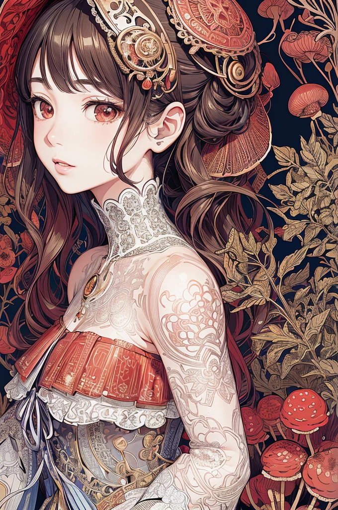 (masterpiece, top quality, best quality, official art, beautiful and aesthetic: 1.2), (1girl: 1.3), very detailed, (fractal art: 1.1), (color: 1.1) (flowers: 1.3), (by Yuko Higuchi:1.4), Higuchi Yuko,(by Yoh:1.2),(lineart),line drawing,pen drawing,zentangle,(tattoo pattern:1.2),(Intricate lines),(masterpiece),(best quality:1.1), (ultra-detailed),best illustration,finely detail,hand drawn high quality,High contrast,(clean lines:1.3),ligne claire,(Portrait),(extremely close-up:1.1),1 girl,solo,A girl is surrounded by red mushrooms,(Intricate details:1.3),(detailed background:1.2),(colored background:1.1),sketch,Intricate details,High Resolution