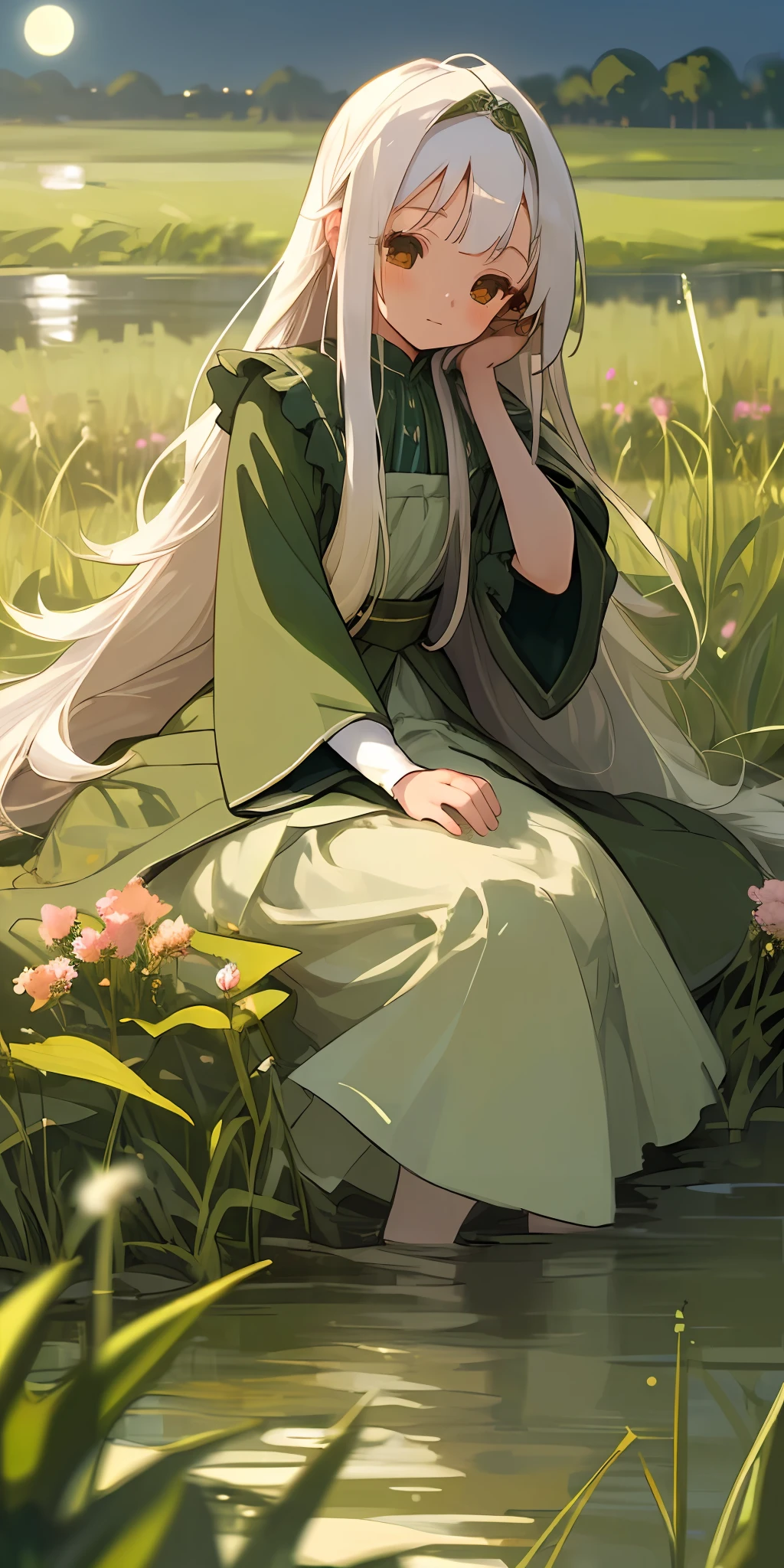 (masterpiece, top quality), one girl with long white hair sitting in a field of green plants and flowers, hand under chin, warm moonlight, blurry foreground, , river bank, skirt tucked up,