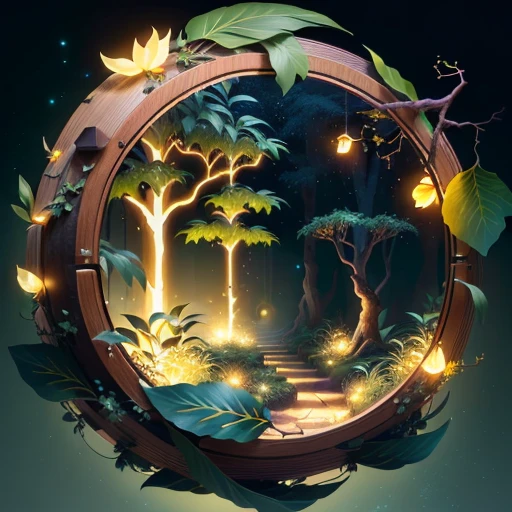 masterpiece, best quality, (extremely detailed CG unity 8k wallpaper), (best quality), (best illustration), (best shadow),The UI interface outer frame design adopts natural elements of jungle theme. The avatar frame is designed as a circular shape with delicate foliage and branches around it, along with fireflies and glowing particle effects,(UI interface outer frame design), (natural elements), (jungle theme), (circular shape), (foliage), (branches), (fireflies), (glowing), (particle effects).(multiple views of the same avatar frame), isometric 3D, octane render,ray tracing,ultra detailed