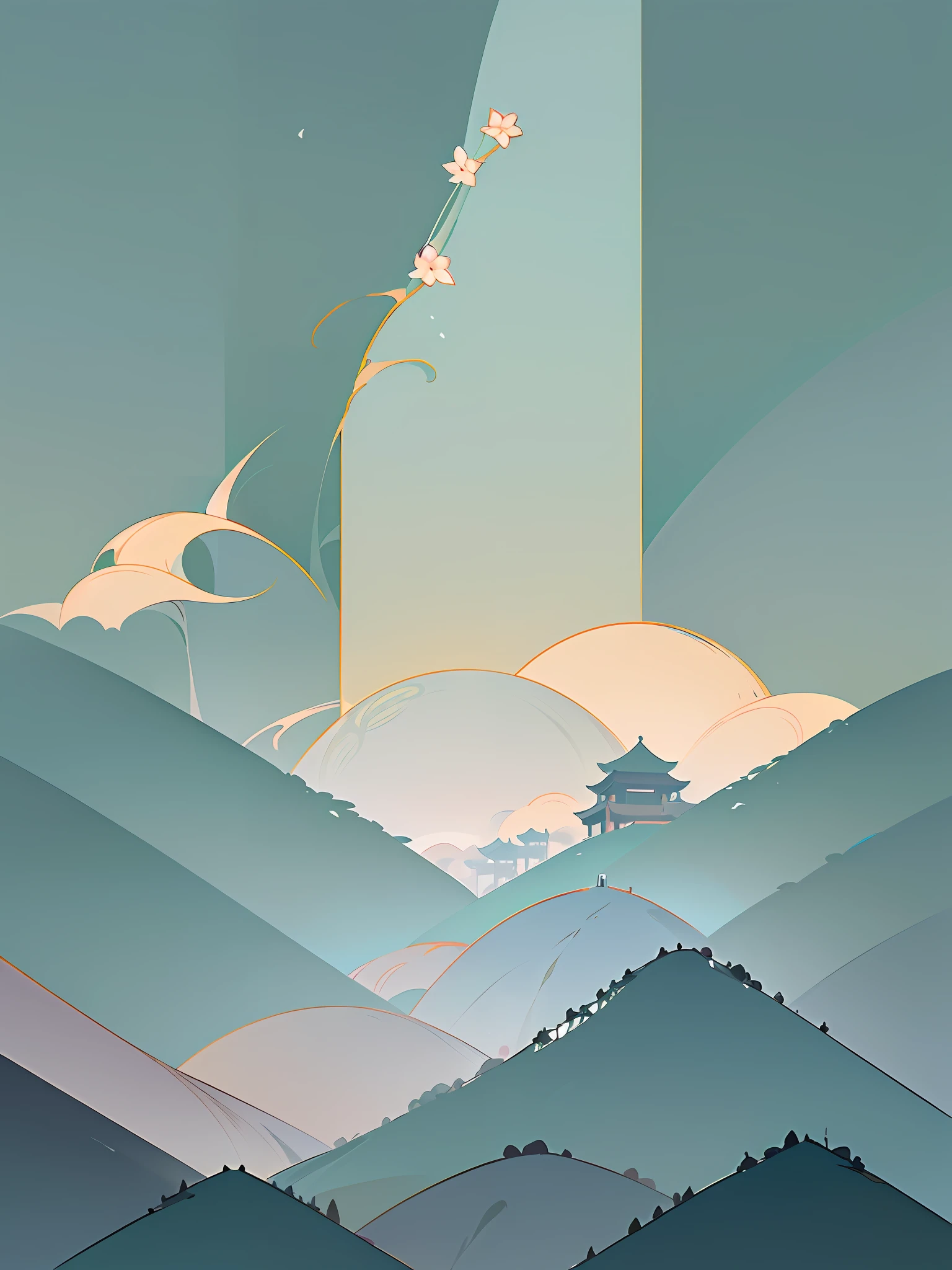 (Chinese landscape), abstract painting, (Zen, Amy Sol style), (Green trees, flowers, Chinese style architecture, mountains), cover art with light abstraction, simple vector art, contemporary Chinese art, color gradients, soft color palettes, layered forms, whimsical animation, style Ethereal abstract, 4K, --v6