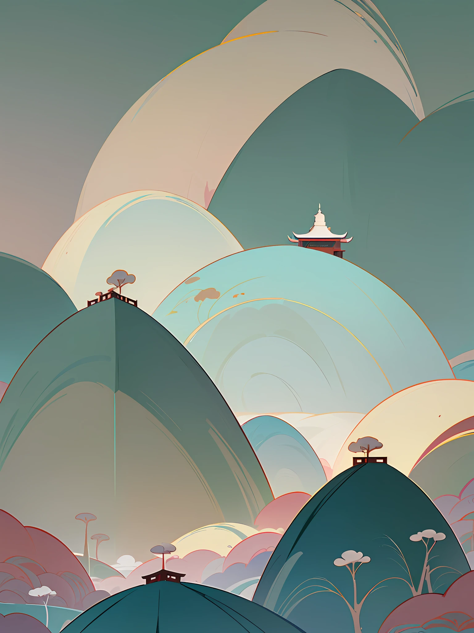 (Chinese landscape), abstract painting, (Zen, Amy Sol style), (Green trees, flowers, Chinese style architecture, mountains), cover art with light abstraction, simple vector art, contemporary Chinese art, color gradients, soft color palettes, layered forms, whimsical animation, style Ethereal abstract, 4K, --v6