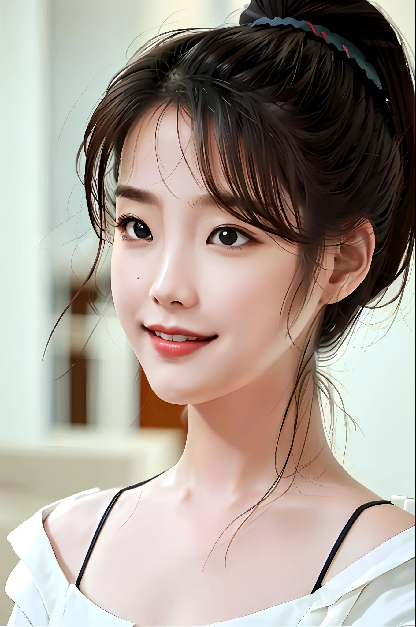 Masterpiece, top class, sunset light, handsome (1girl), ponytail, Korean woman, shoulder exposure, look at the viewer, court lady, wife&#39;s house, detailed photo, smiling expression, sexiness, festival, anniversary,