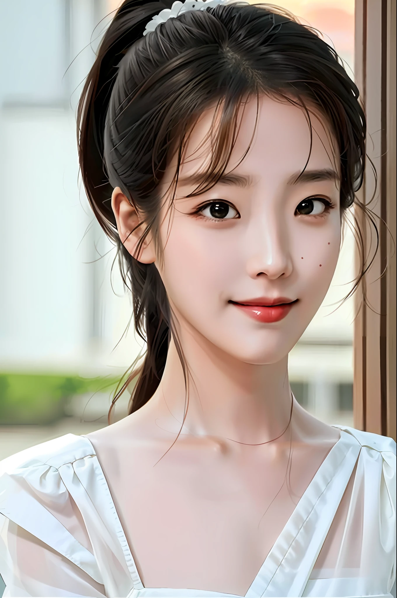 Masterpiece, top class, sunset light, handsome (1girl), ponytail, Korean woman, shoulder exposure, look at the viewer, court lady, wife&#39;s house, detailed photo, smiling expression, sexiness, festival, anniversary,
