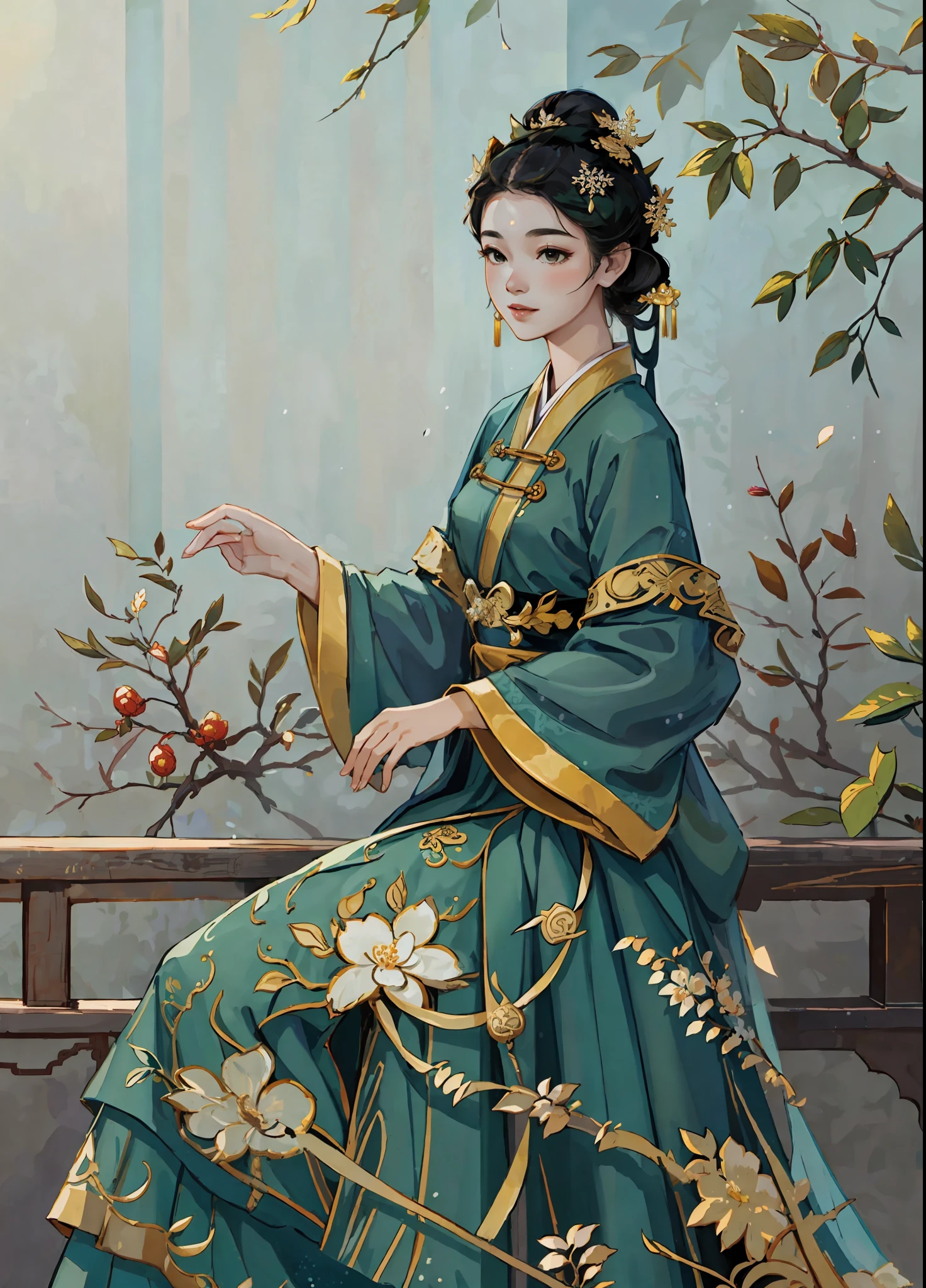 A beautiful girl in ancient China, dark green long dress, sitting in a pavilion, snowflakes falling, sunlight, clear face, masterpiece, super detailed, epic composition, high quality, highest quality, 4k --v 6