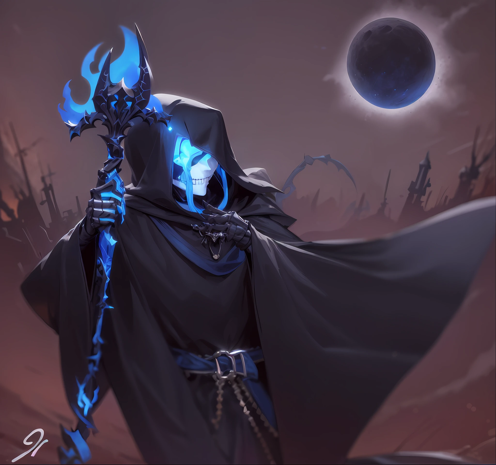 Skeleton with staff, skull with hair, long black hair, black bangs covering eyes, (blue robe: 2), night background, reaper of night! Cloaked necromancer, d & d lich