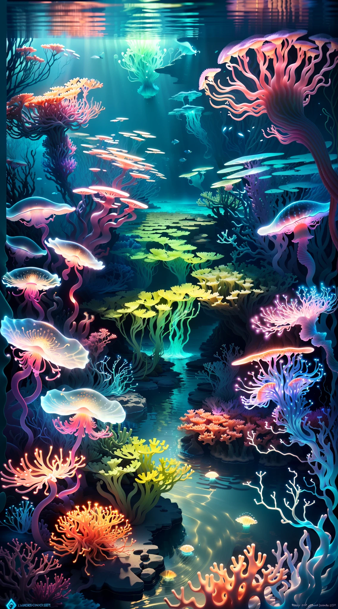 Masterpiece, best quality, (very detailed CG unity 8k wallpapers), (best quality), (best illustrations), (best shadows), marine theme with natural elements. Tall mangroves, rich marine plants, glowing jellyfish, surrounded by schools of fish, glowing particle effects,, (marine plants), (ocean theme), ((luminous algae)), (coral), ((glowing jellyfish )), ((Glow Creatures in Seawater)), ((Sea Fire)), (((Particle Effect))), Isometric 3D, Octane Rendering, Ray Tracing, Super Detailed