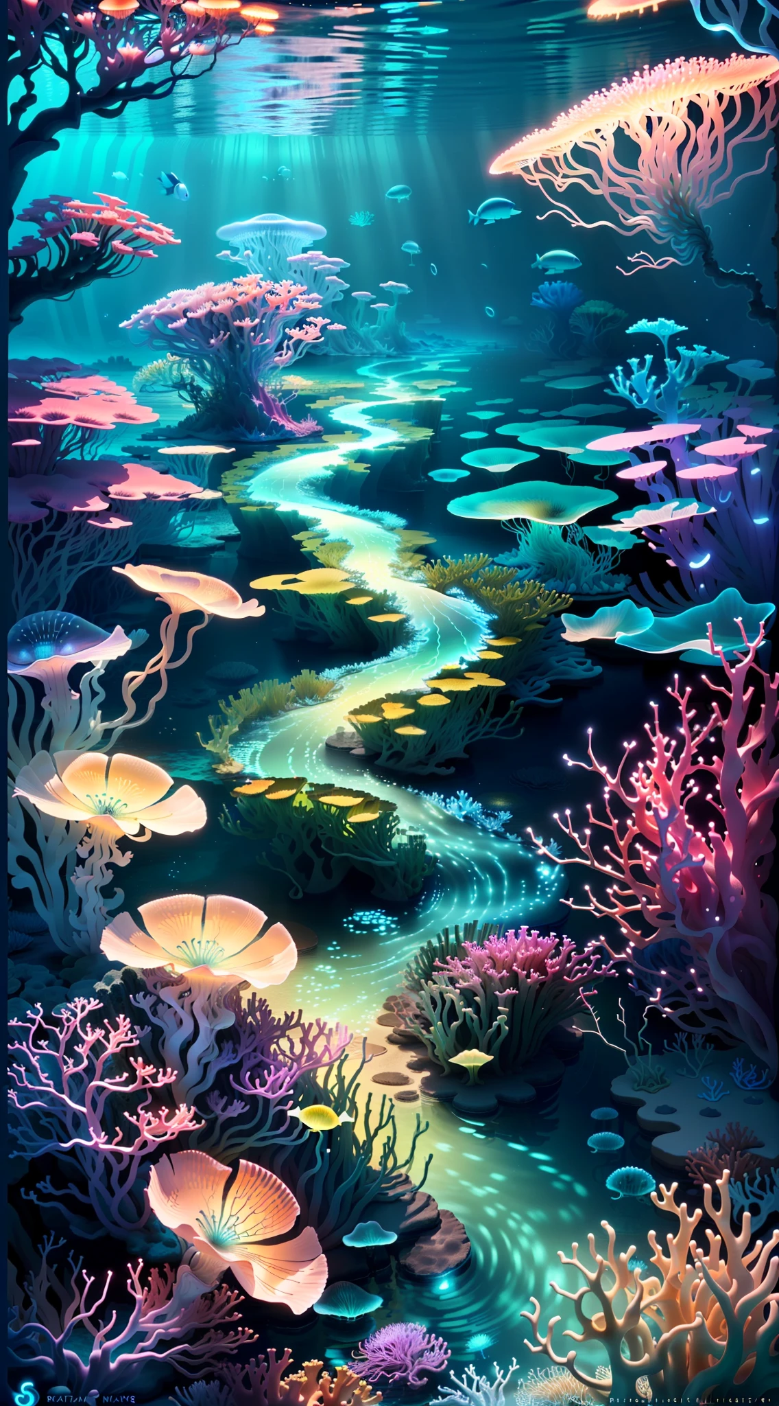 Masterpiece, best quality, (very detailed CG unity 8k wallpapers), (best quality), (best illustrations), (best shadows), marine theme with natural elements. Tall mangroves, rich marine plants, glowing jellyfish, surrounded by schools of fish, glowing particle effects,, (marine plants), (ocean theme), ((luminous algae)), (coral), ((glowing jellyfish )), ((Glow Creatures in Seawater)), ((Sea Fire)), (((Particle Effect))), Isometric 3D, Octane Rendering, Ray Tracing, Super Detailed