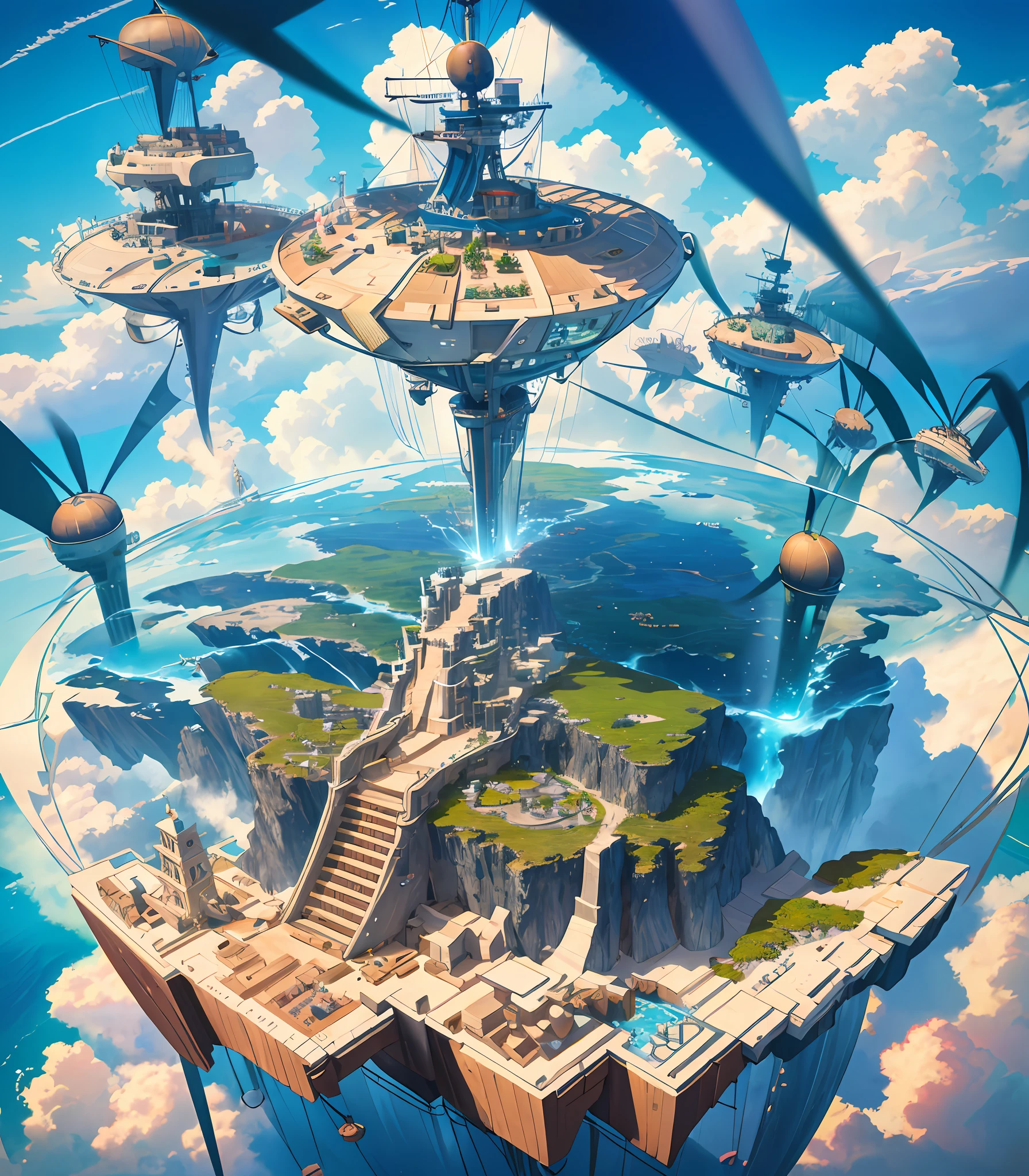 Many islands are suspended in the air with many small airships flying around, cities, fantasy, magical plants growing, extreme details, realistic light, epic composition, (complex details), (complex design, ultra-details :1.2), Art Station, (Masterpiece, Best Quality), Ultra HD, 32k --v 6