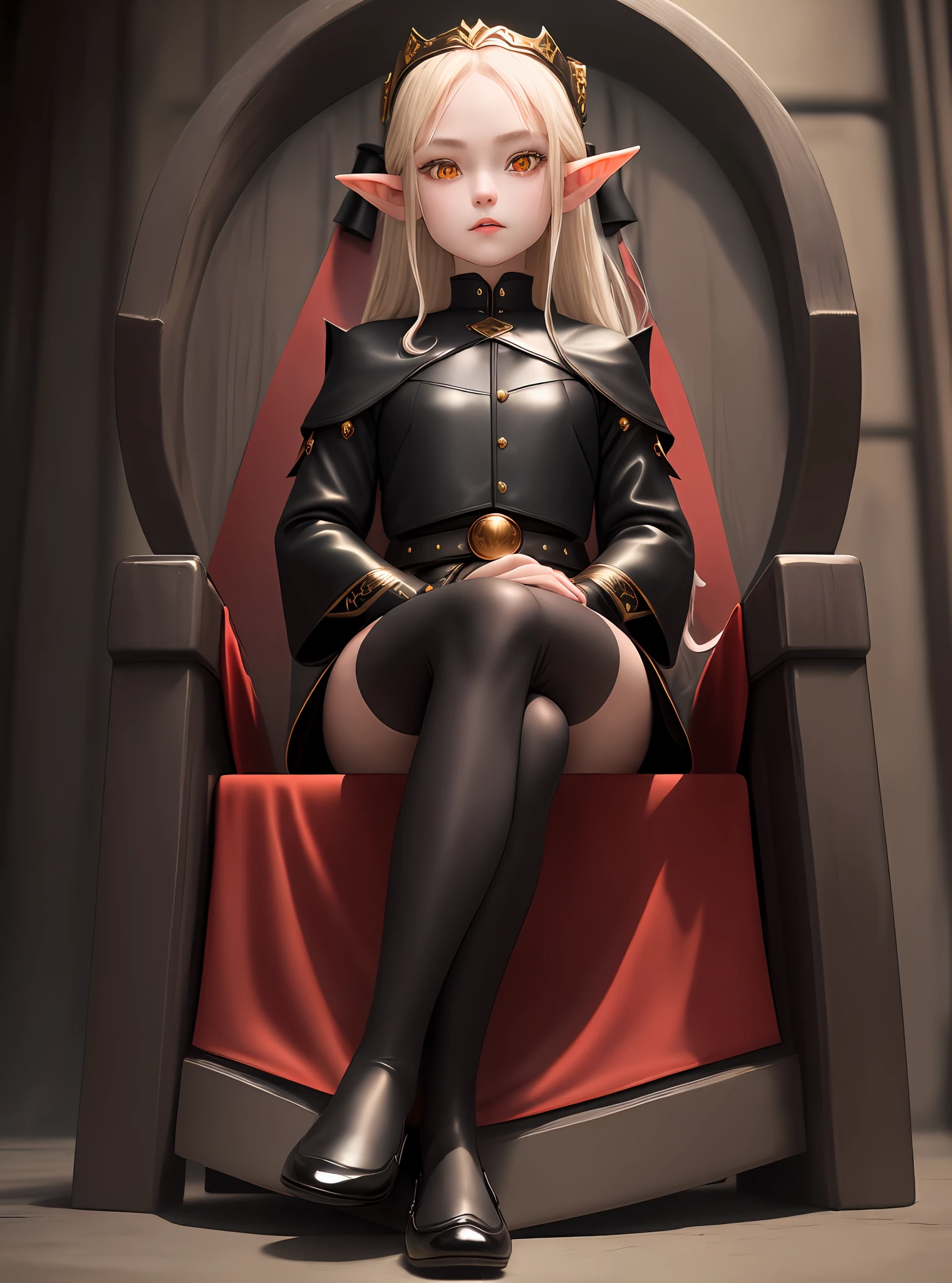 Elf girl with golden eyes, fair skin, wearing black JK suit, black lady&#39;s small leather shoes, without a crown, sitting on a black and red throne with tied arms, one foot without shoes,