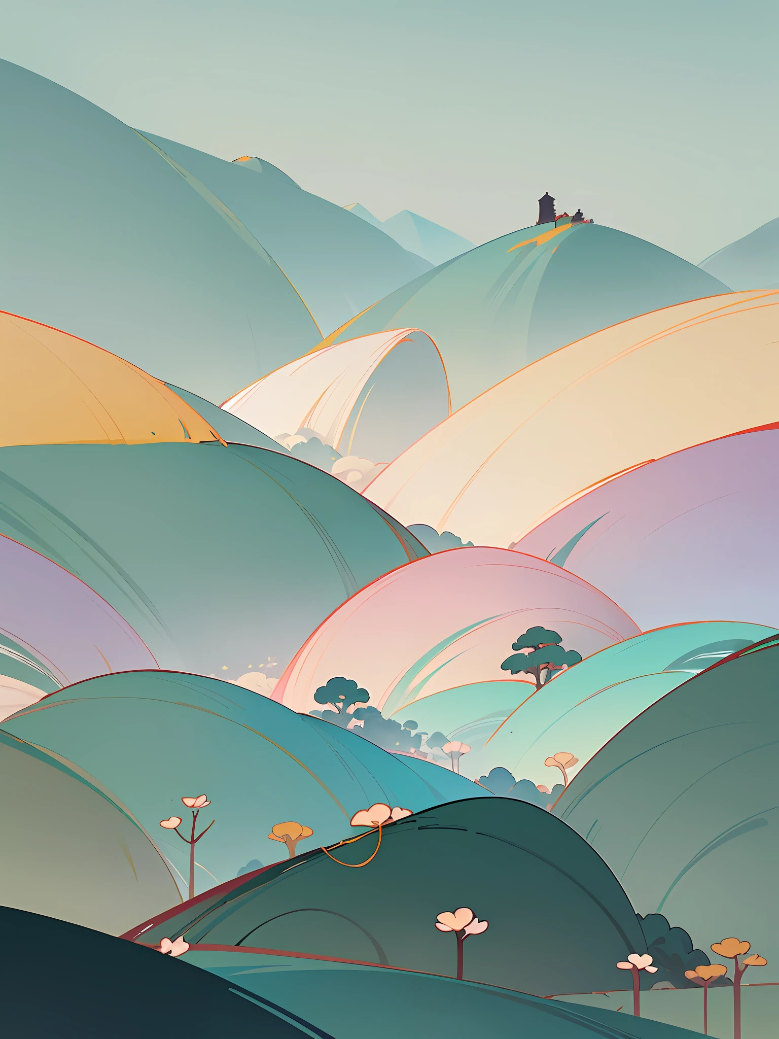 (Chinese landscape), abstract painting, (Zen, Amy Sol style), (Green trees, flowers, Chinese style architecture, mountains), cover art with light abstraction, simple vector art, contemporary Chinese art, color gradients, soft color palettes, layered forms, whimsical animation, style Ethereal abstract, 4K, --v6