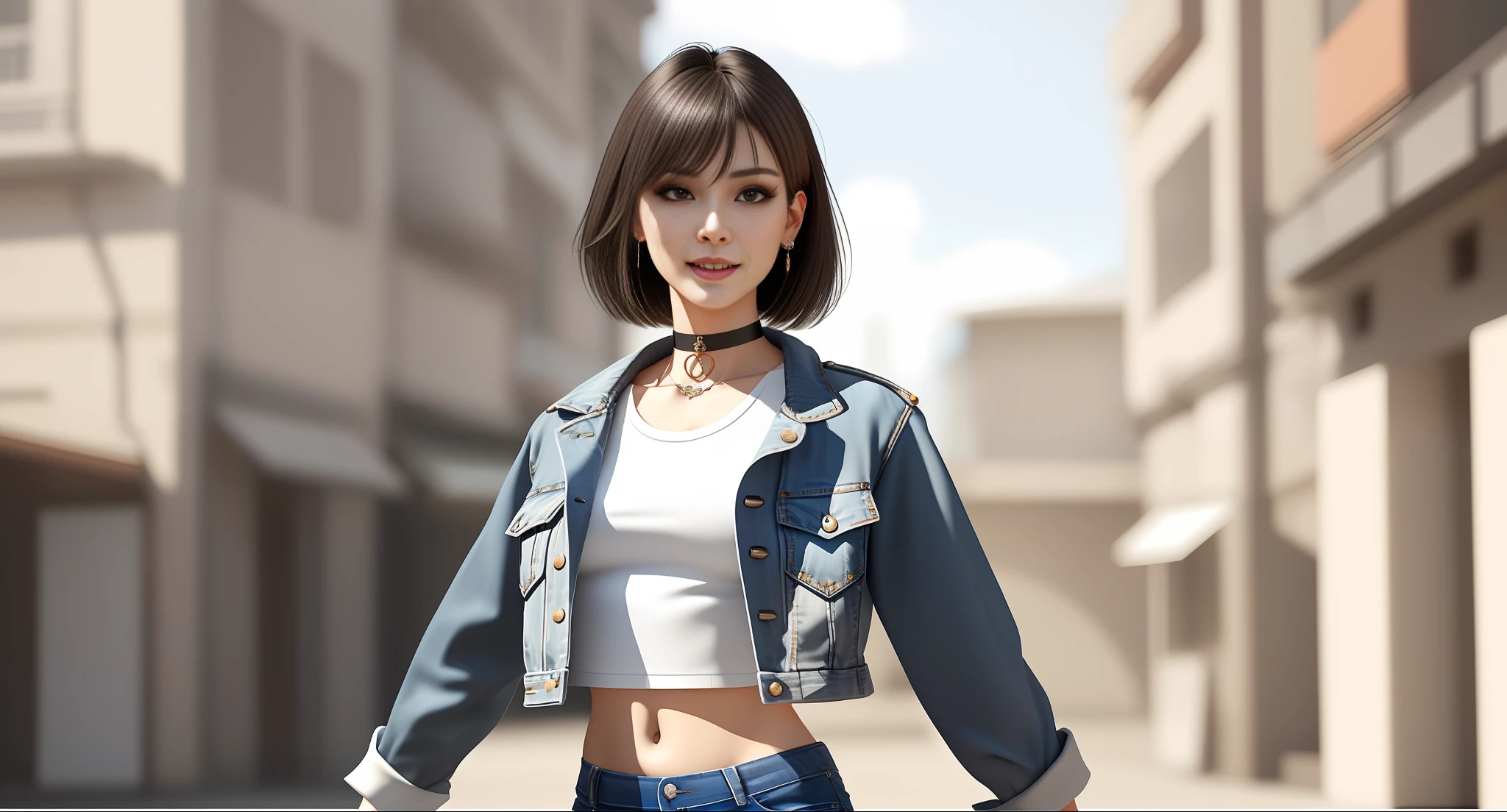 a pretty mature female, beautiful lady, 24 years old, with choker, hourglass body shape, k pop idol style, idol style, nature make up, light make up style, korean make up style, layer short hair, smokey grey brown color hair, floating hair NovaFrogStyle, pure face, ((perfect female figure)), mature female, casual pose, highly detailed character, casual pose, realistic 3 d style, realistic, render of a pretty realistic girl, 8k portrait render, highly detailed character, [ 4 k photorealism ]!!, realistic 3 d style, [ 4 k photorealism ]!!!, photorealistic 3d girl render, render of april, high quality photorealism, hyperrealistic schoolgirl, 3d character realistic, white cotton crop top, blue jeans, jeans jacket crop top (cyberpunk environment:1.2), (1 girl:1.4), (smile:1.15),(closed mouth) best quality, masterpiece, (realistic, photo-realistic:1.37), young mature female, a lady, ultra-detailed, detailed face, detailed eyes, detailed hair, detailed skin, blank stare, dramatic, vibrant, sharp focus,50mm,F1.2, EOS R8,(3/4 body:1.2),standing,(complex background:1.6),(Best quality details:1.2),8K High definition,