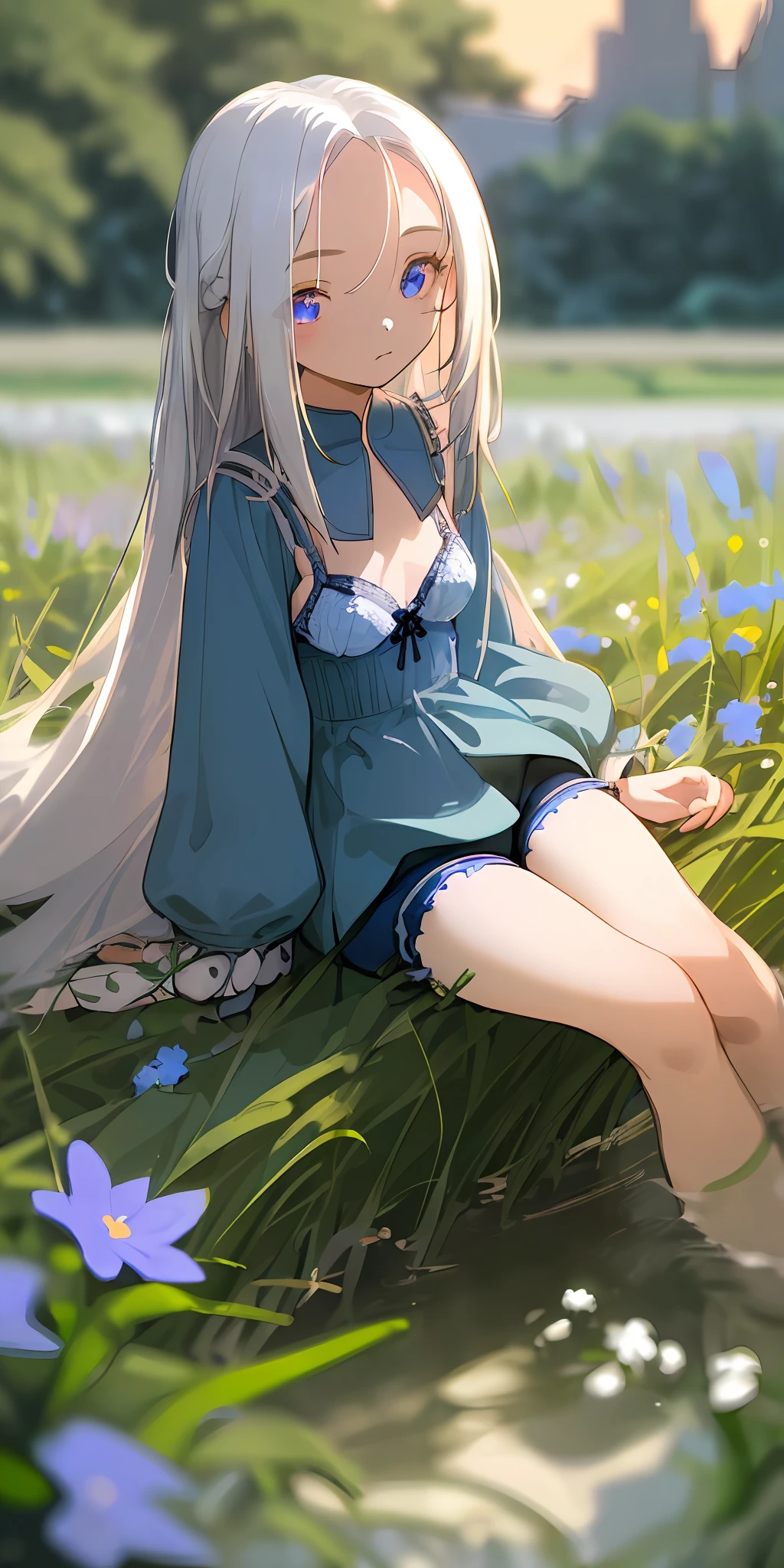 (masterpiece, top quality), one girl with long white hair sitting in a field of blue plants and flowers, warm moonlight, blurry foreground, loli, river bank, bra shorts, odd eyes