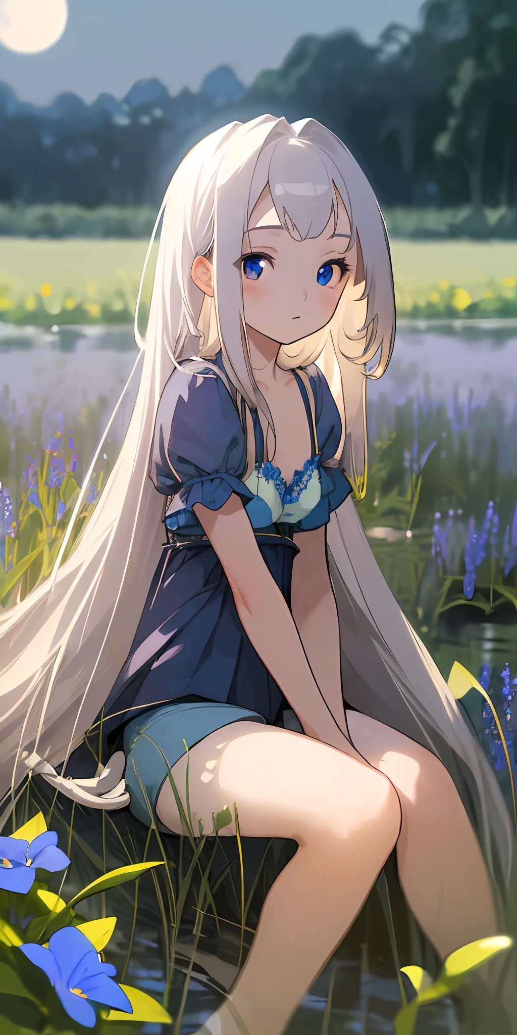 (masterpiece, top quality), one girl with long white hair sitting in a field of blue plants and flowers, warm moonlight, blurry foreground, loli, river bank, bra shorts, odd eyes